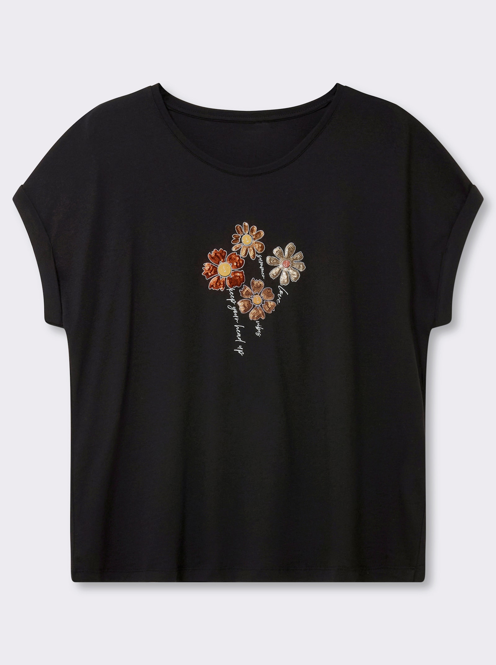 Rundhalsshirt mit Pailletten-Blüten - schwarz