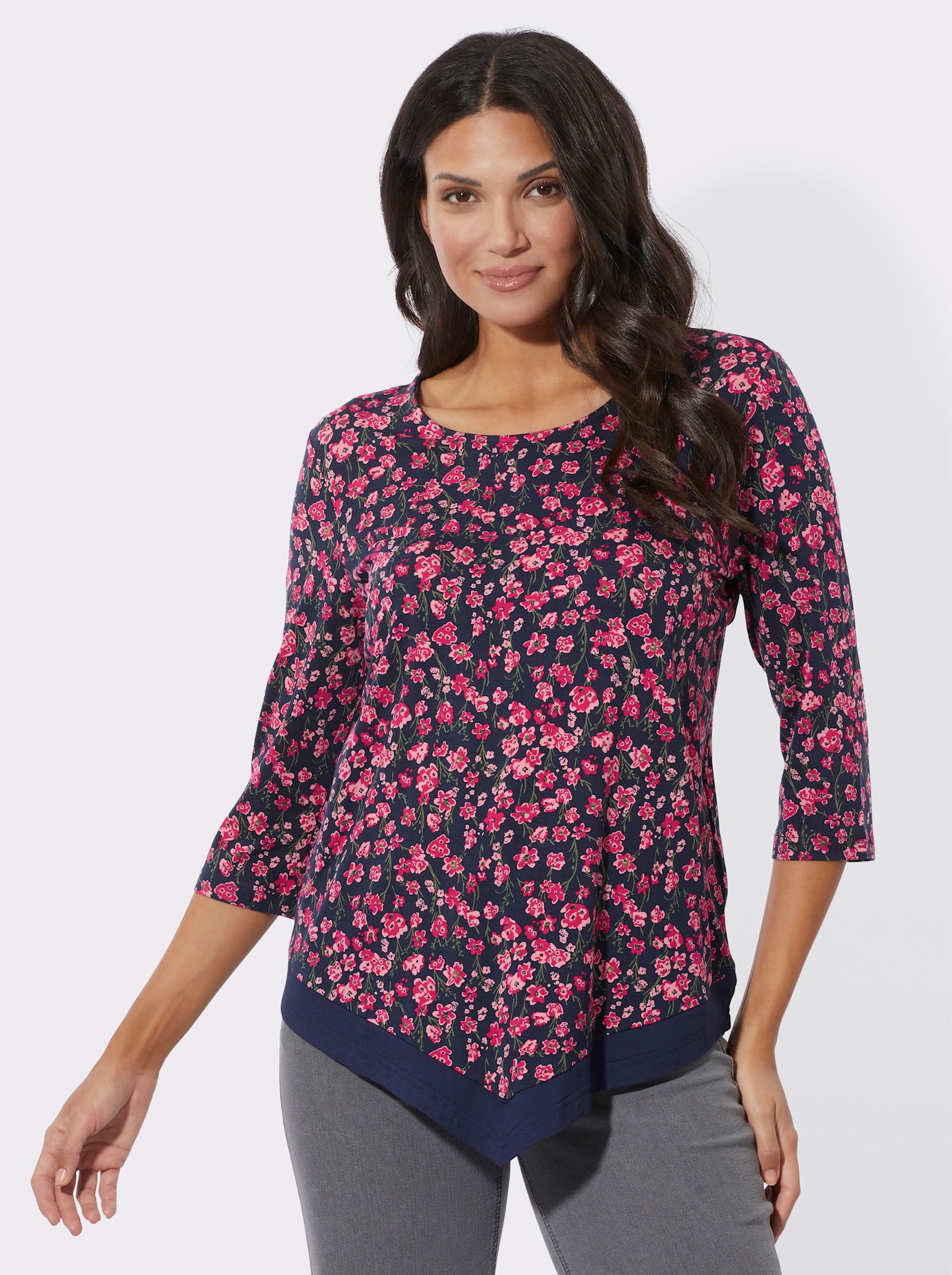 3/4-Arm-Shirt mit spitz zulaufendem Saum - marine-erdbeere-bedruckt