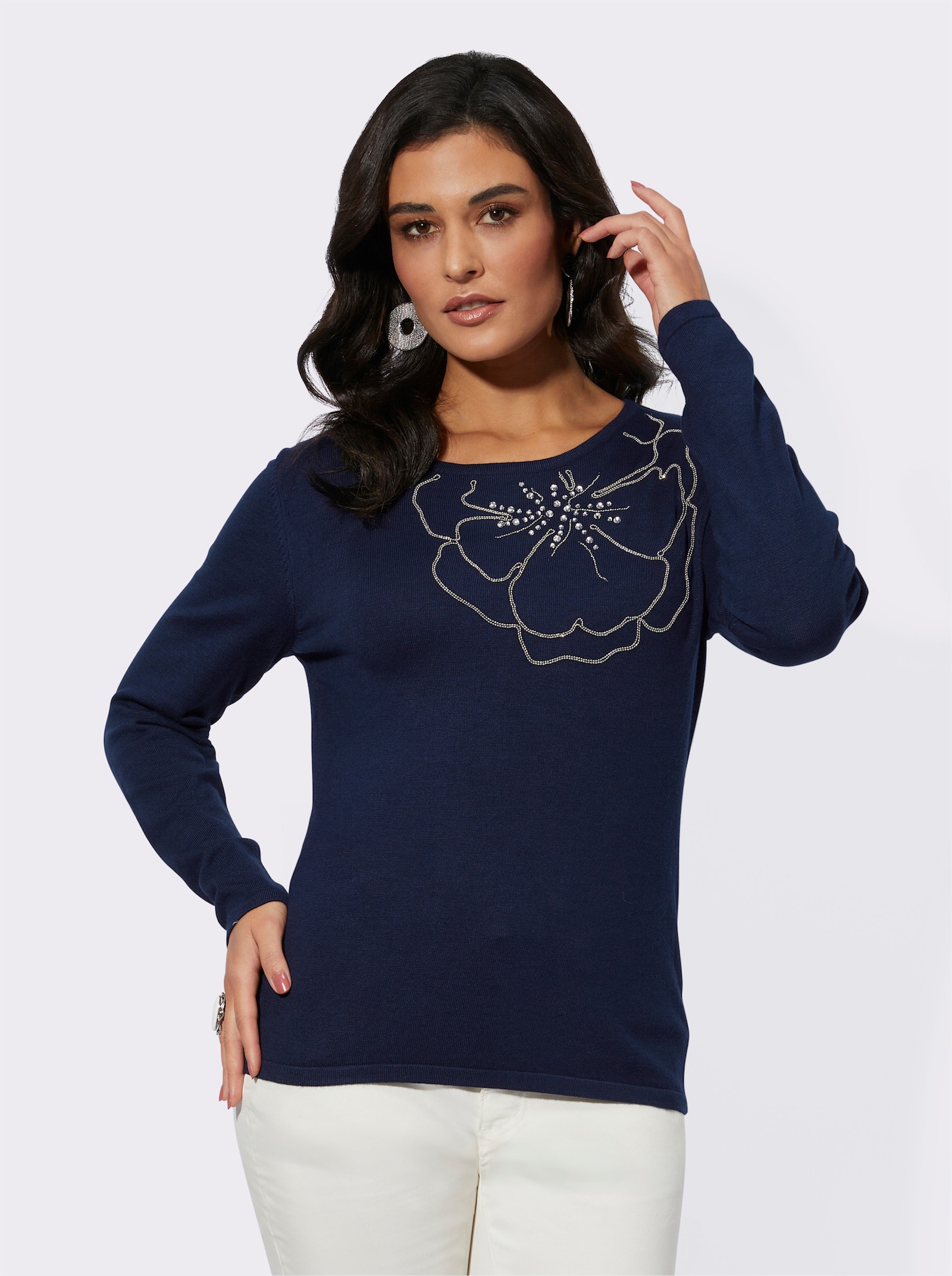 Feinstrickpullover mit Blütenmotiv - marine