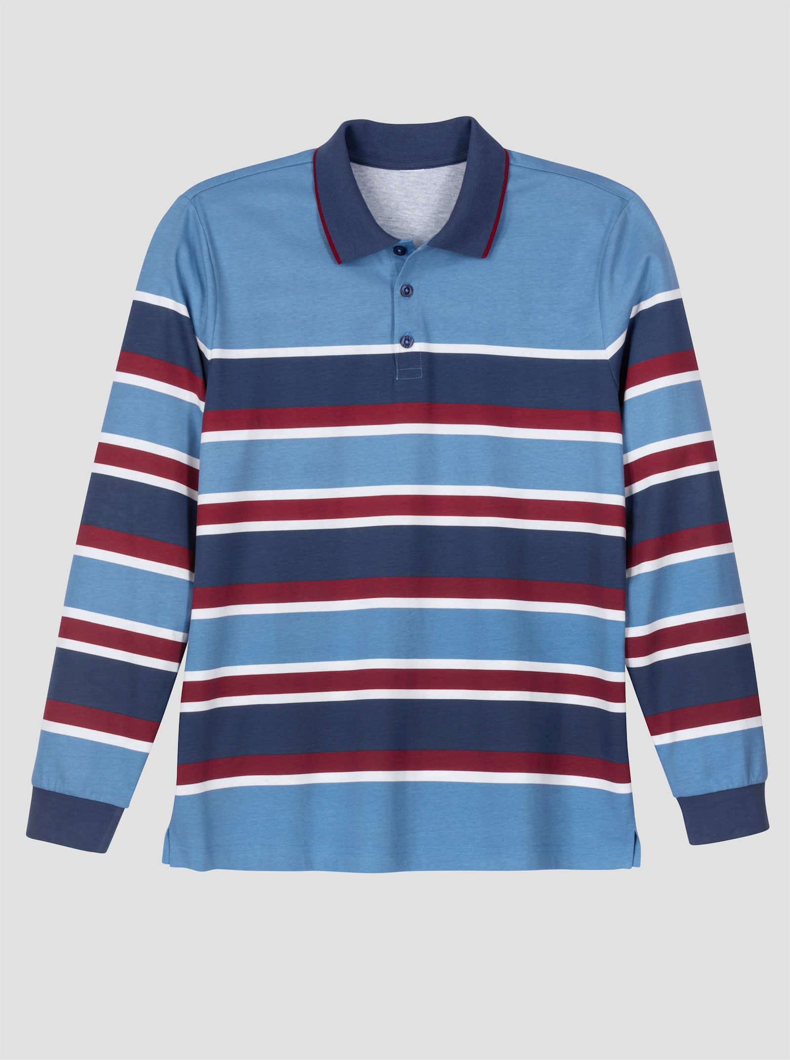 Langarm-Poloshirt im Ringel-Dessin - mittelblau-dunkelrot-geringelt