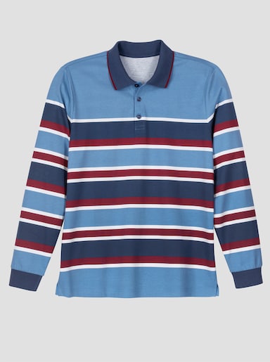 Langarm-Poloshirt im Ringel-Dessin - mittelblau-dunkelrot-geringelt