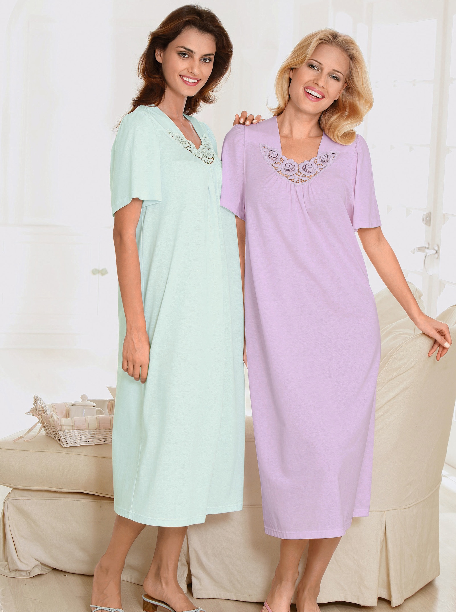 Ascafa Kurzarm-Nachthemden mit Spitze, im Doppelpack - flieder + mint