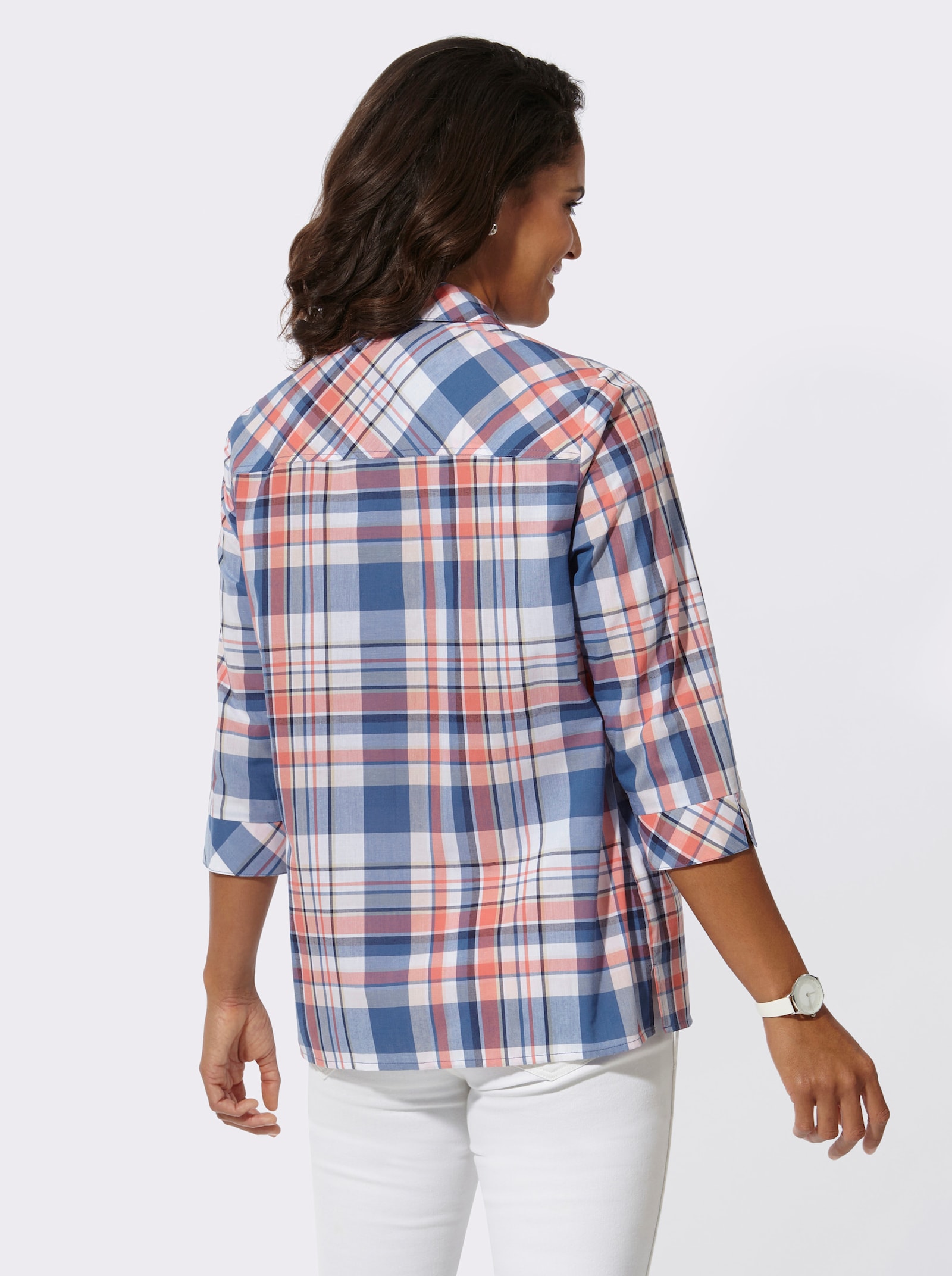 Geruite blouse met in het garen geverfd dessin - jeansblauw/koraal geruit