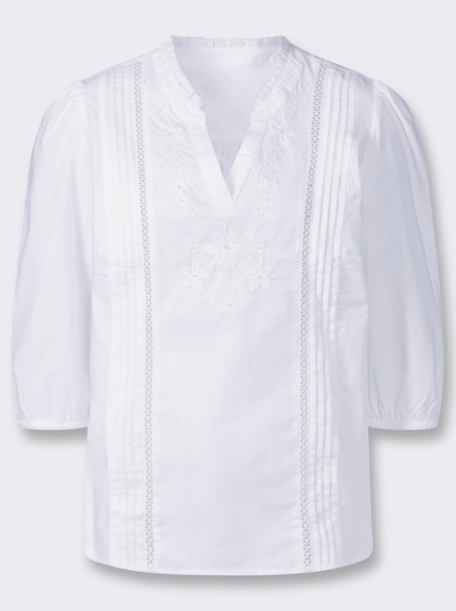 Baumwollbluse mit Spitzen-Rüschen am Ausschnitt - ecru