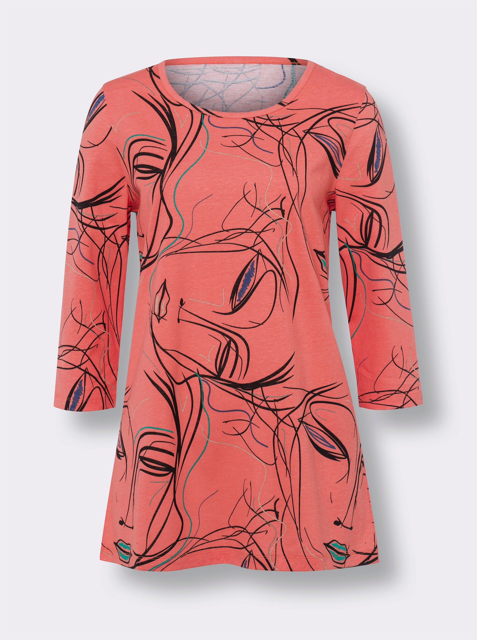 Longshirt mit 3/4-Ärmeln - koralle-schwarz-bedruckt