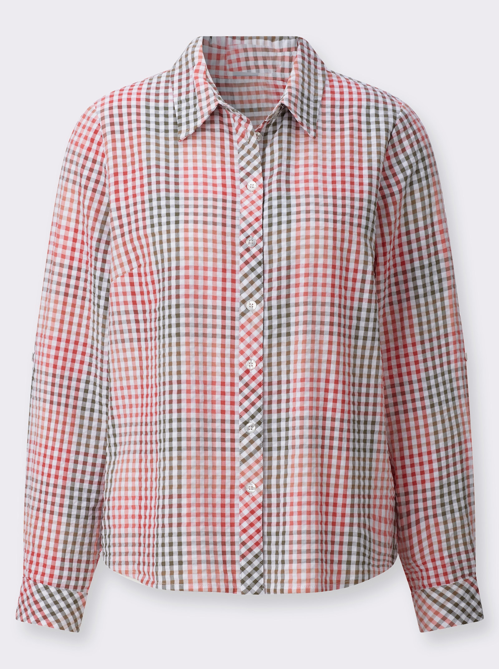 Karobluse aus pflegeleichtem Seersucker - flamingo-khaki-kariert