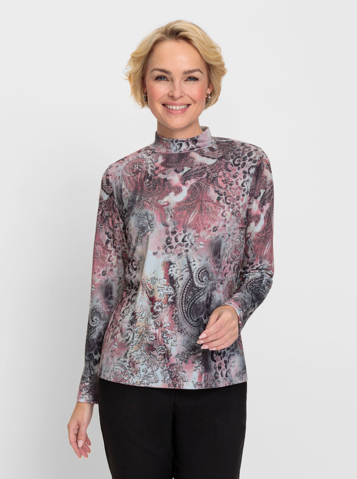 Shirt met opstaande kraag - rozenkwarts/steengrijs bedrukt