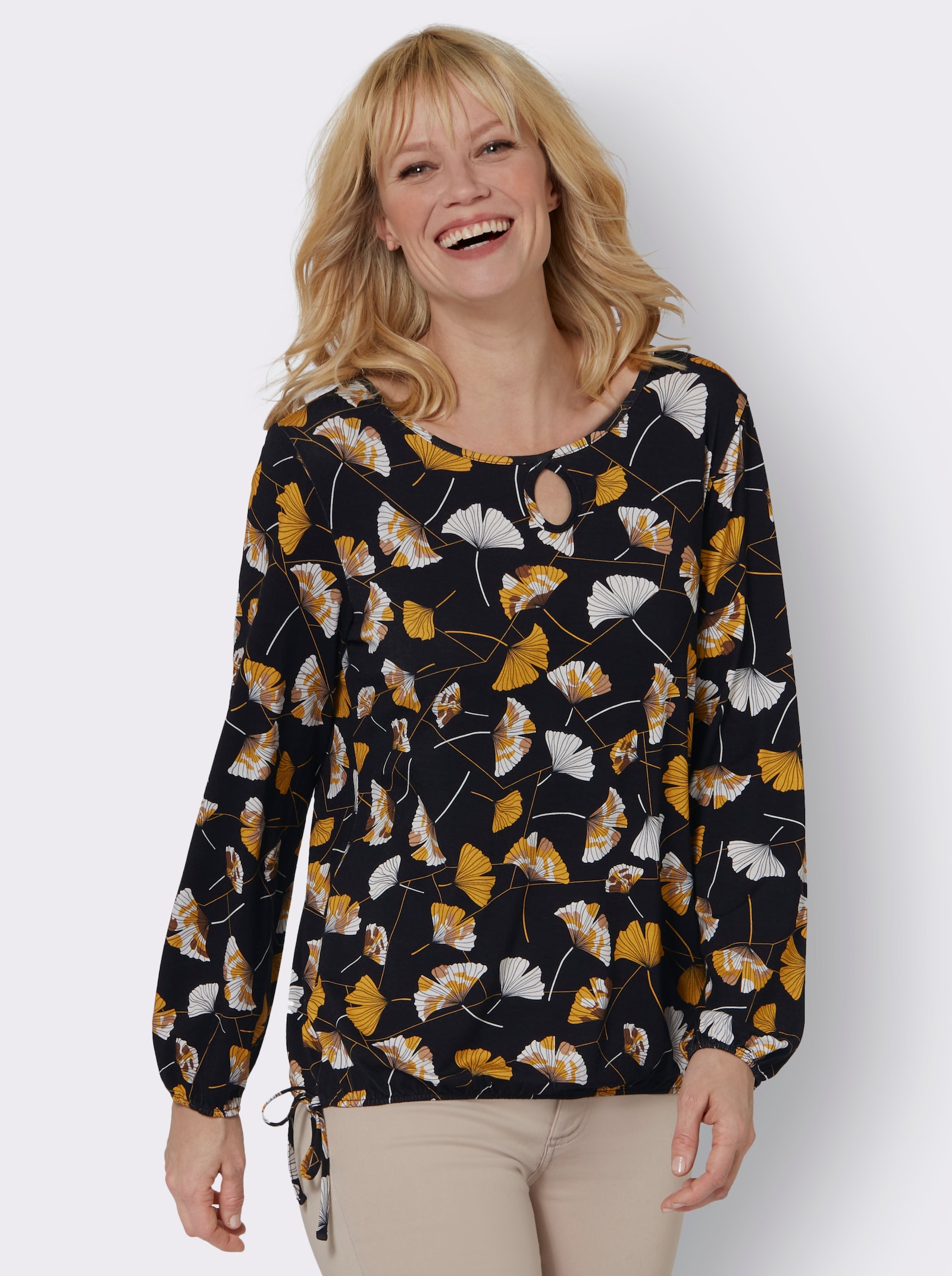 Langarmshirt mit Ginkgo-Dessin - schwarz-ocker-bedruckt