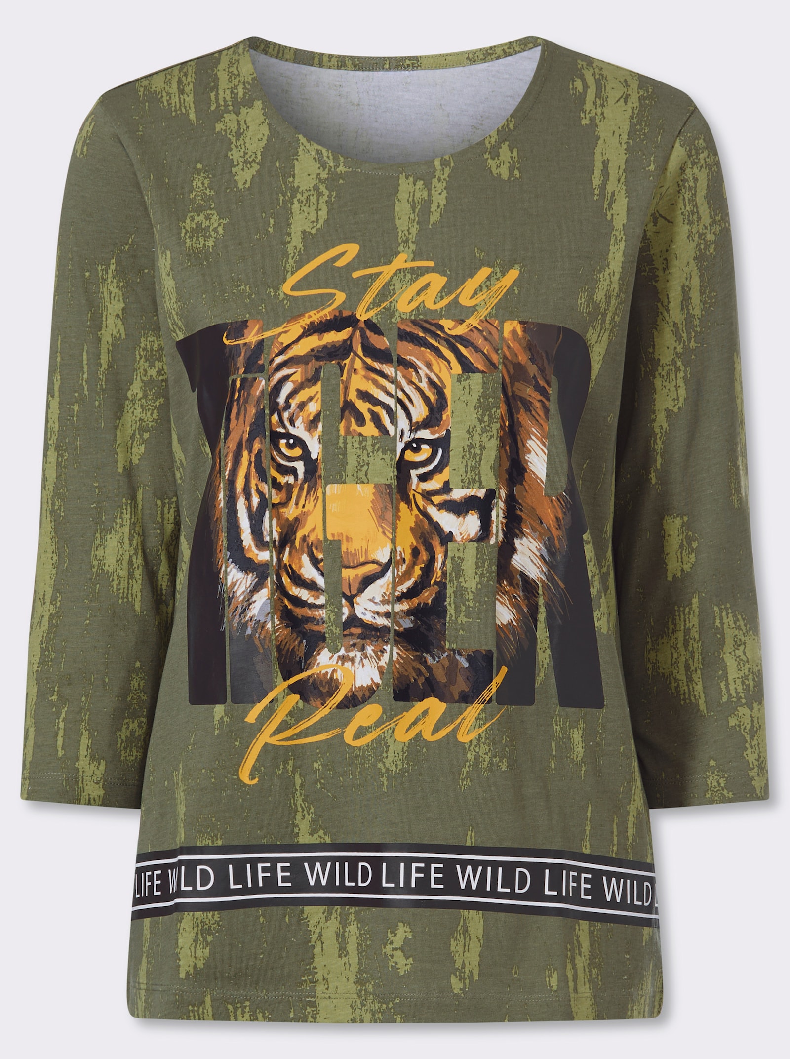 Rundhalsshirt mit Tiger-Motiv im Vorderteil - khaki-braun-bedruckt