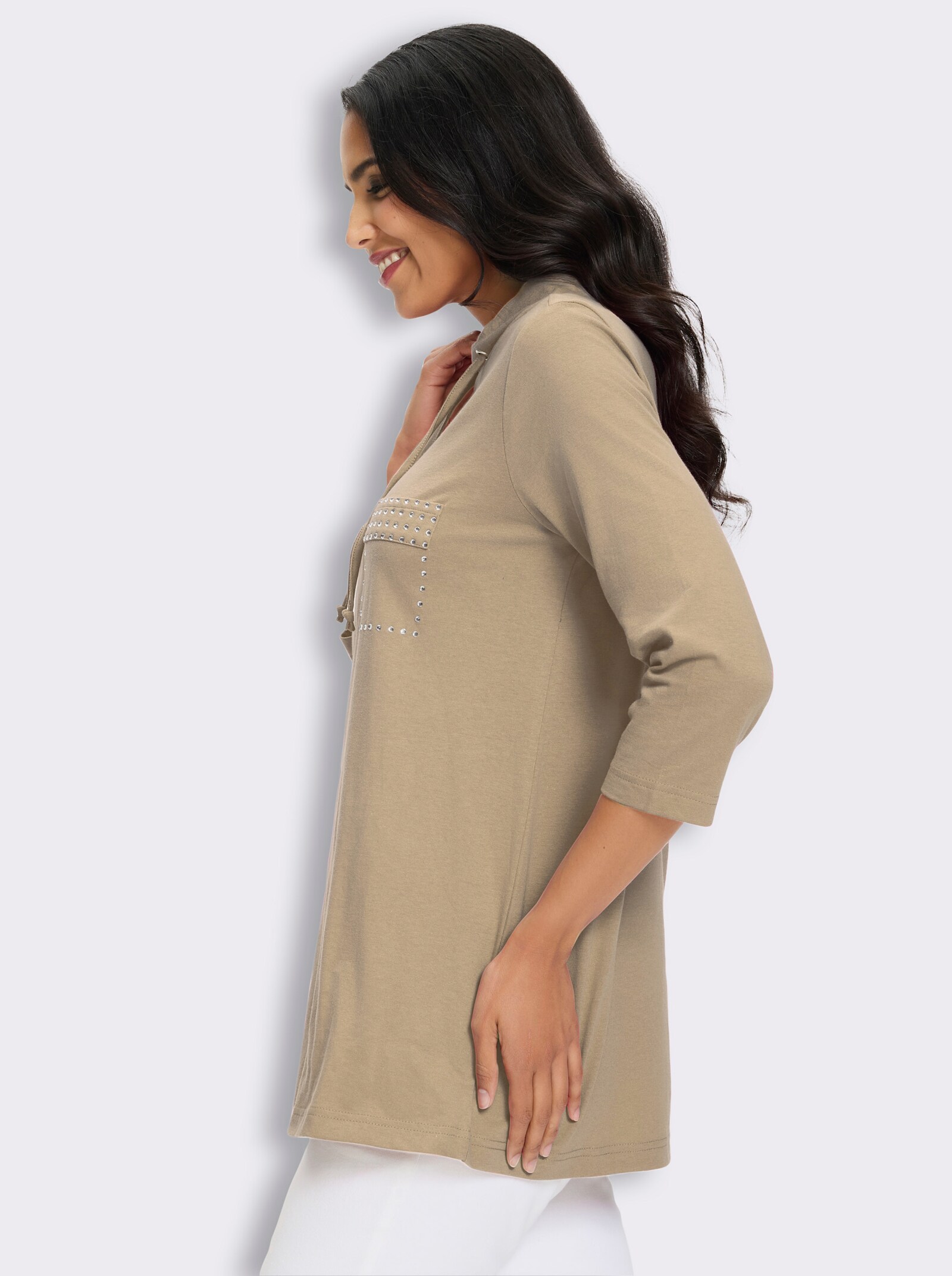 Longshirt mit Glitzersteinchen - beige