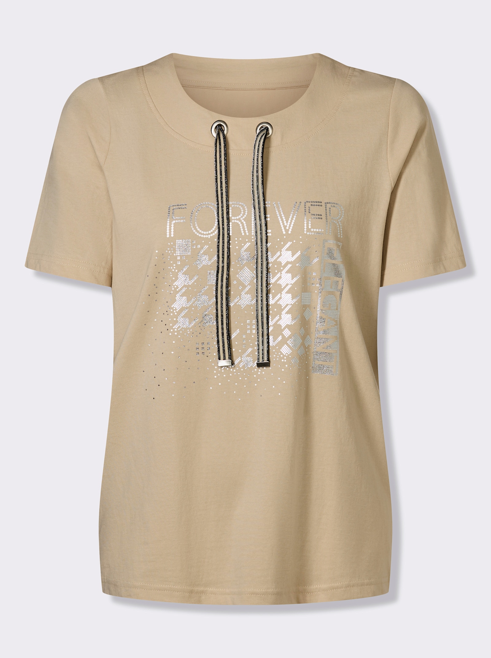 Kurzarmshirt mit Glanz-Druck - beige