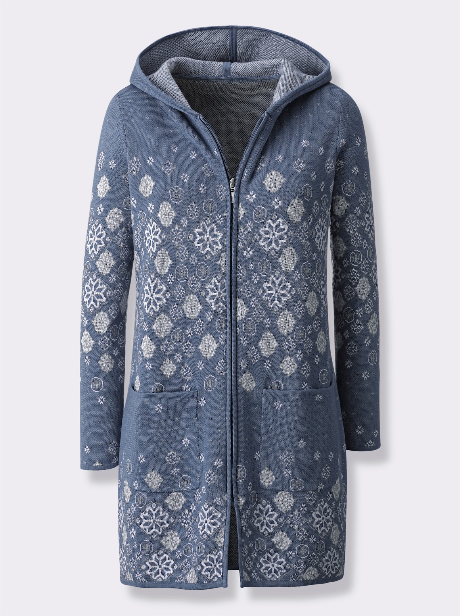 Longstrickjacke mit Jacquard-Strickmuster - rauchblau-gemustert