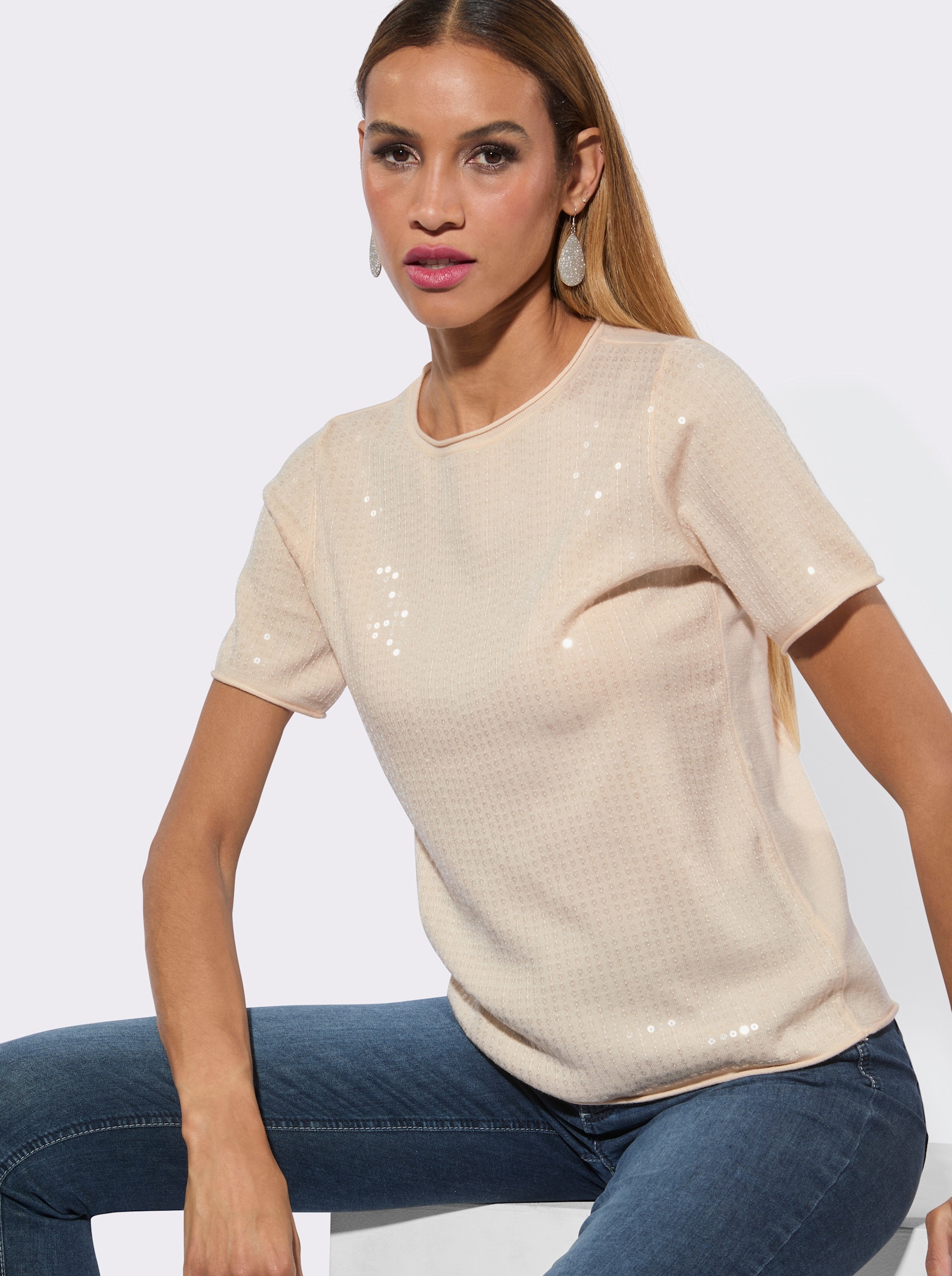 Kurzarmpullover mit transparenten Pailletten - elfenbein