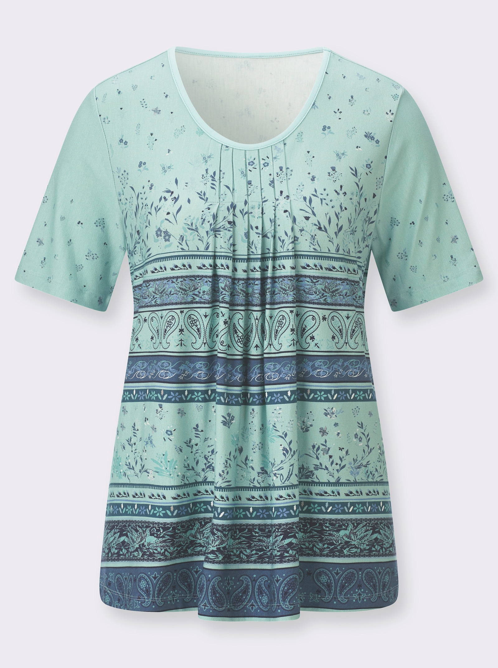 Tunikashirt in A-Silhouette - mint-dunkelblau-bedruckt