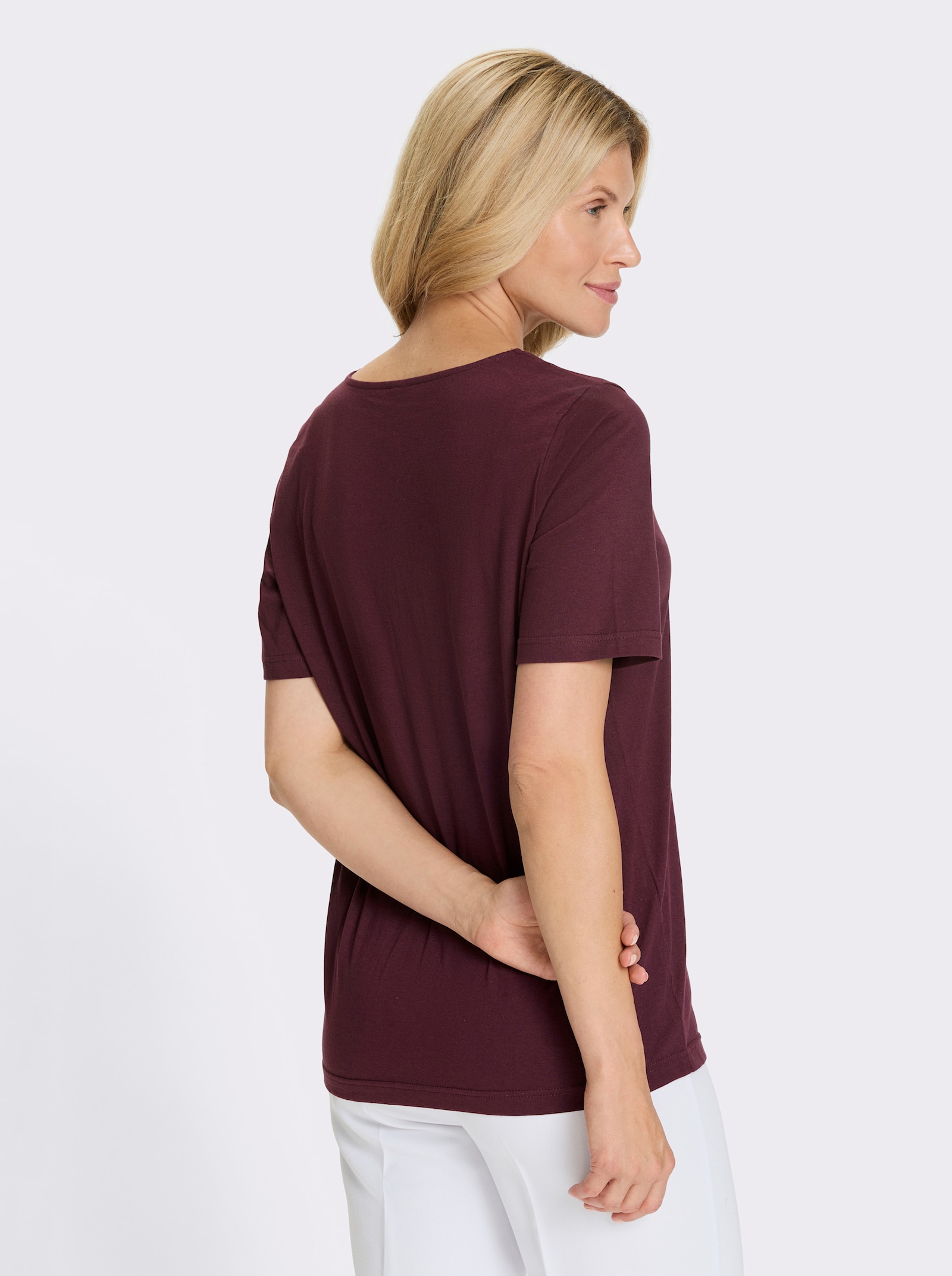 Kurzarmshirt mit Wellenkante - burgund