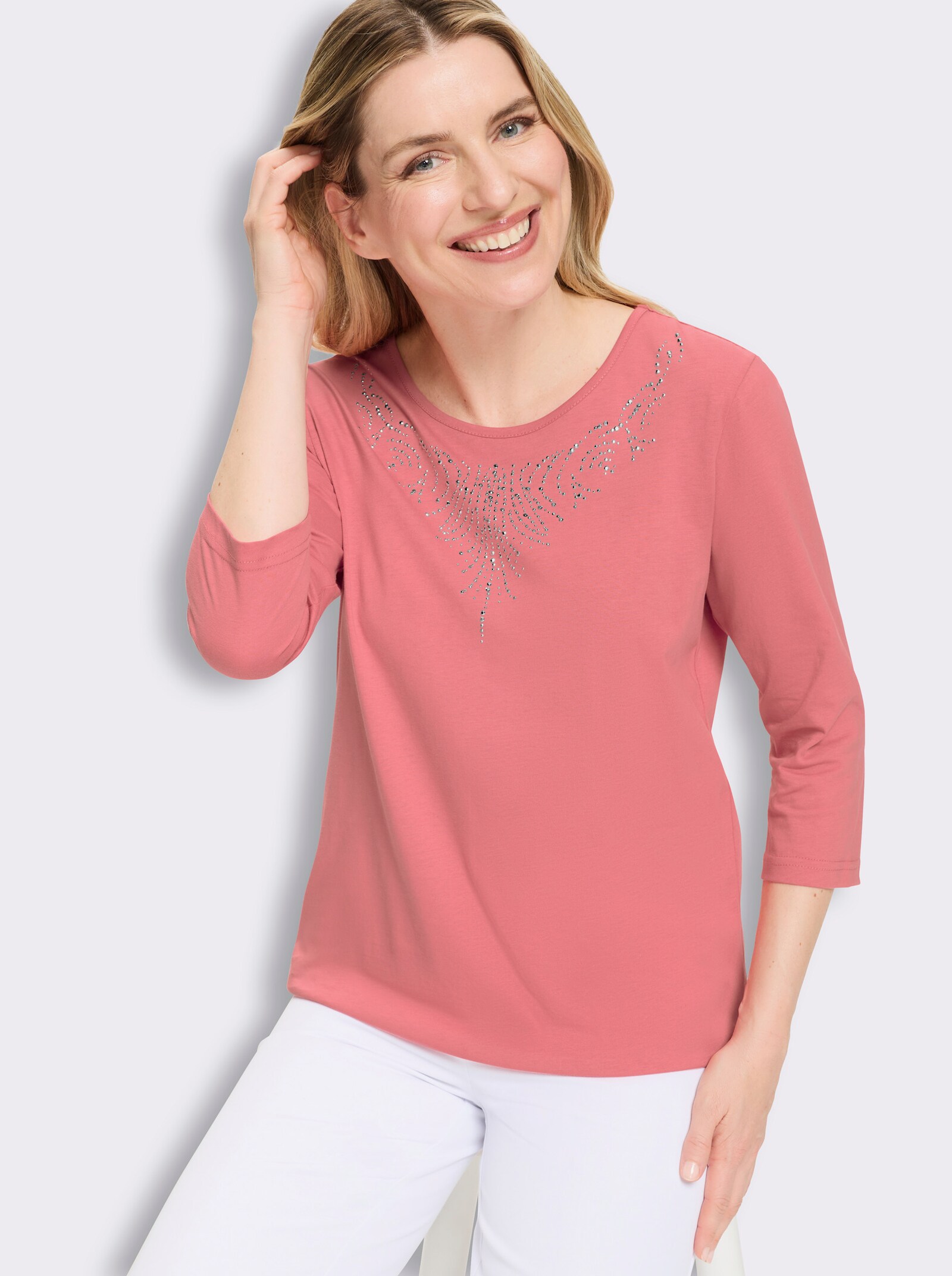 3/4-Arm-Shirt mit Glitzersteinchen - flamingo
