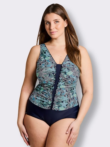 feel good Badeanzug mit Raffungen - marine-smaragd-bedruckt
