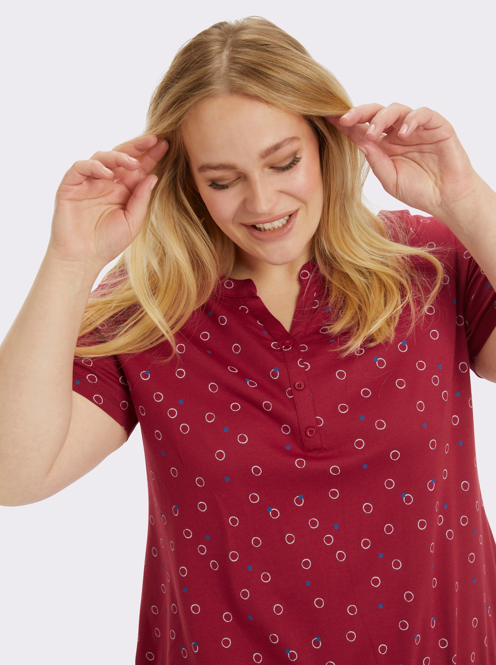 Print-Shirt mit elastischem Saum - kirsche-weiß-bedruckt