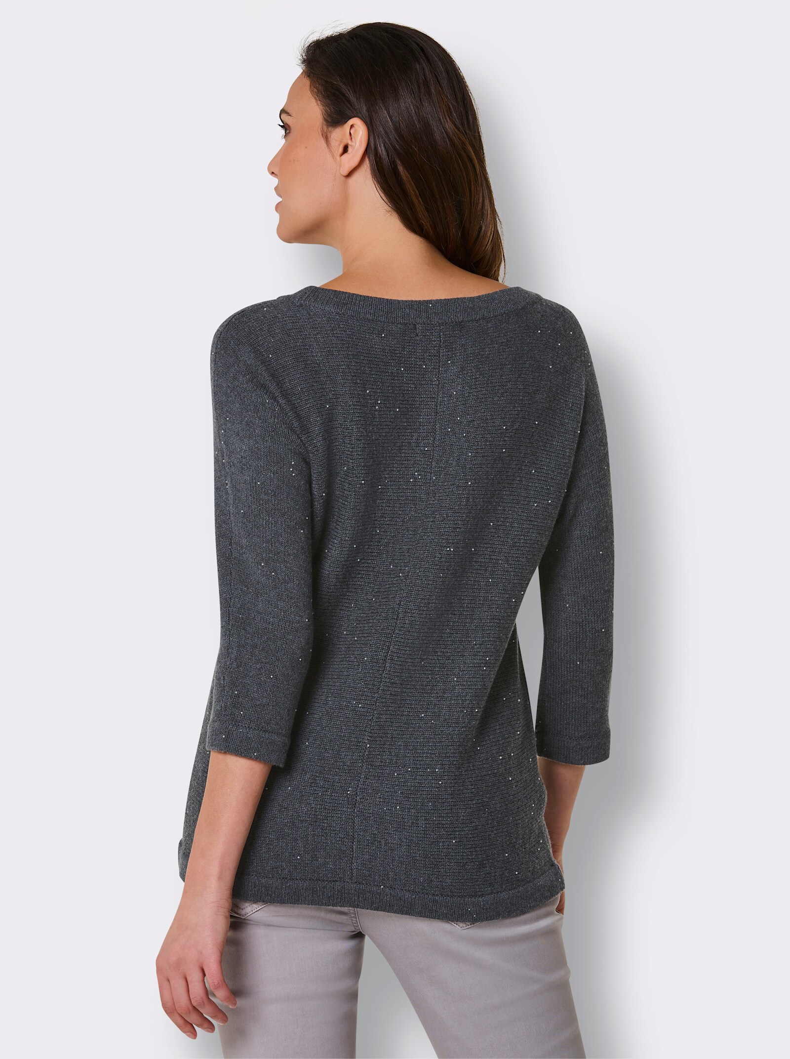 CREATION L PREMIUM Langarm-Pullover mit 10% Kaschmir und Zierperlen - anthrazit