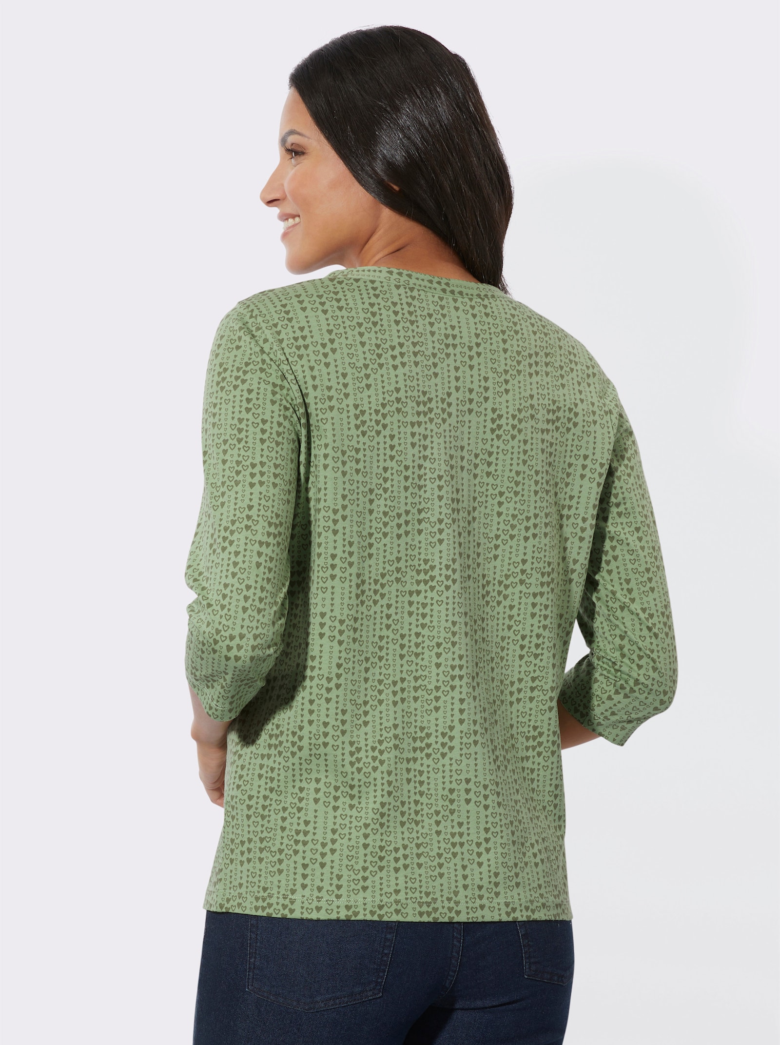 Tričko, 3/4 ruky, srdiečka - eukalyptová – kaki – potlač