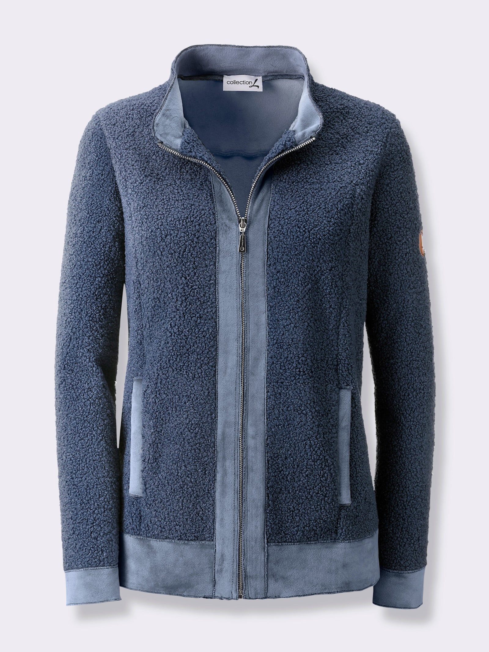 Boucléjacke mit Veloursleder-Opik - rauchblau