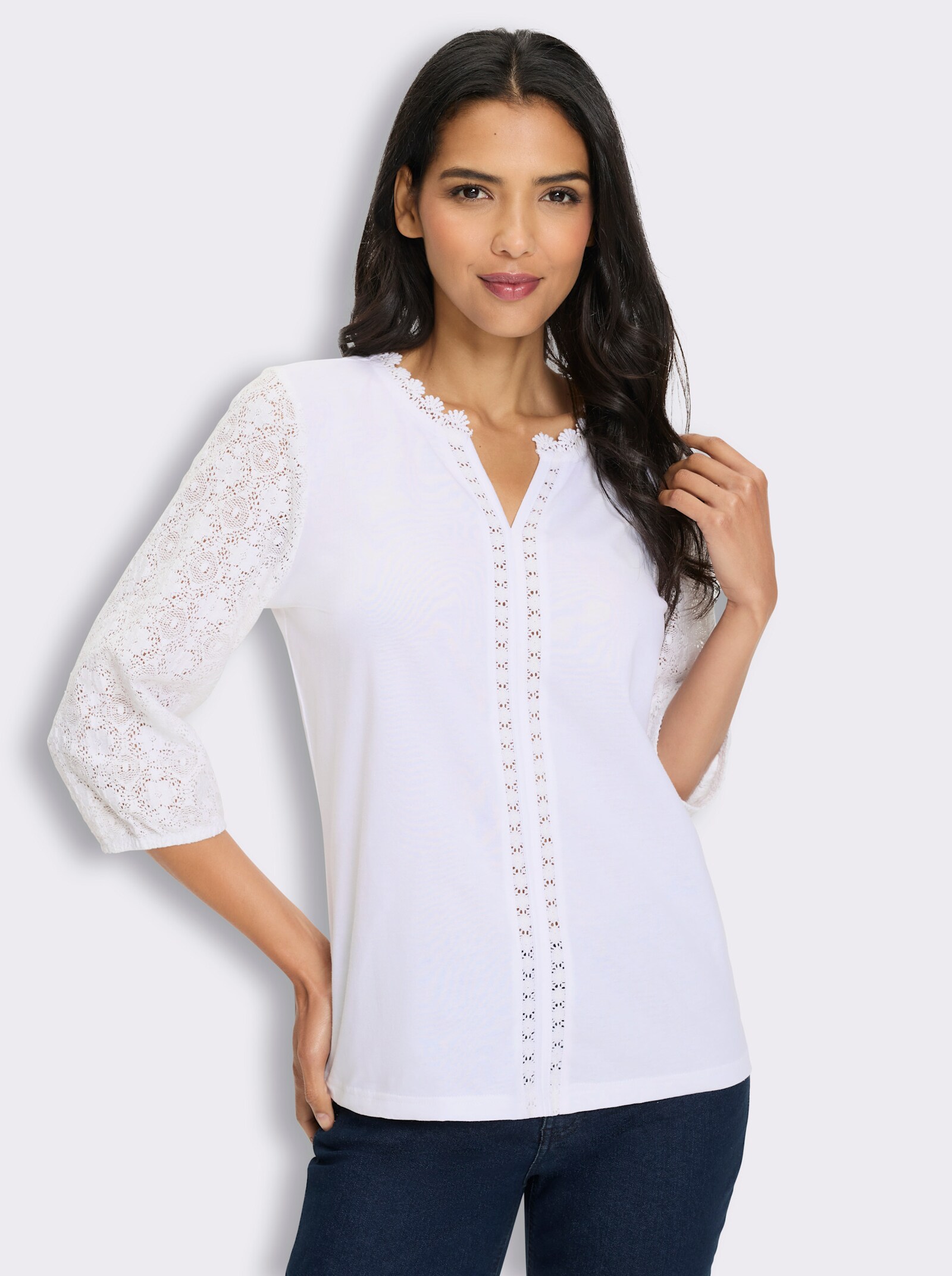 3/4-Arm-Shirt mit Spitzen-Ärmeln - weiß