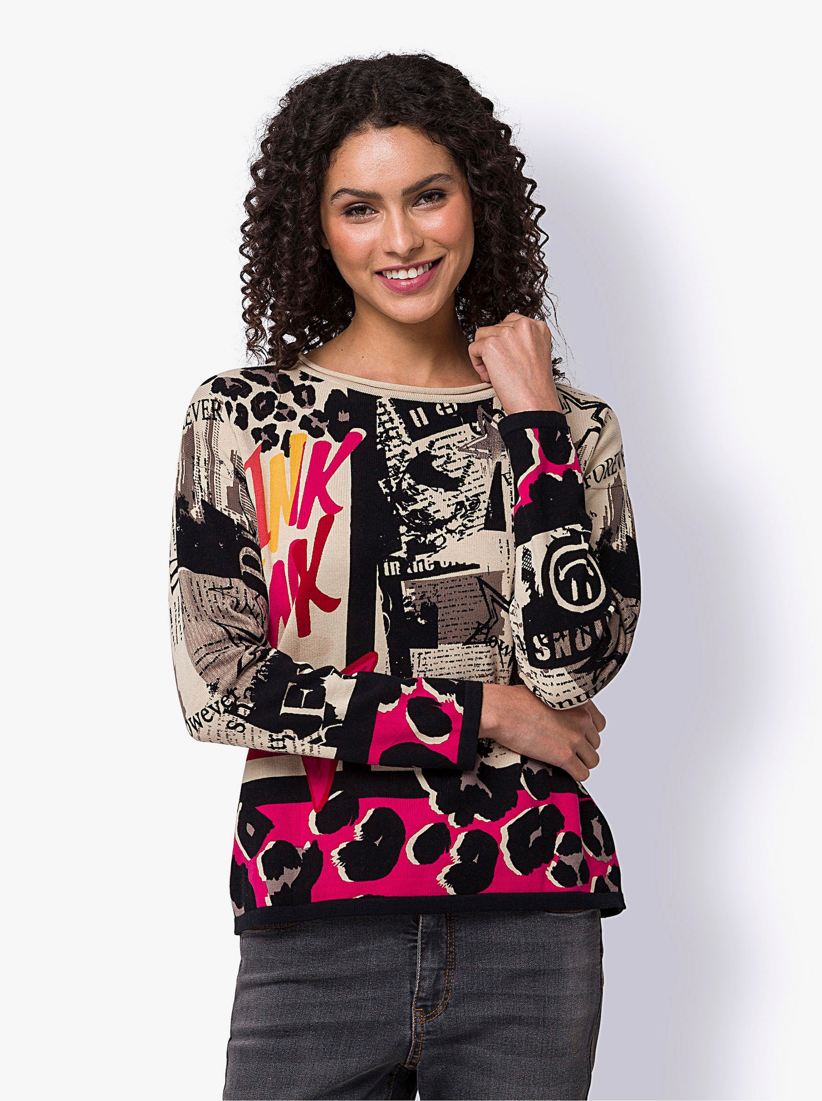 heine Pull en coton avec mélange de motifs - sable-fuchsia imprimé