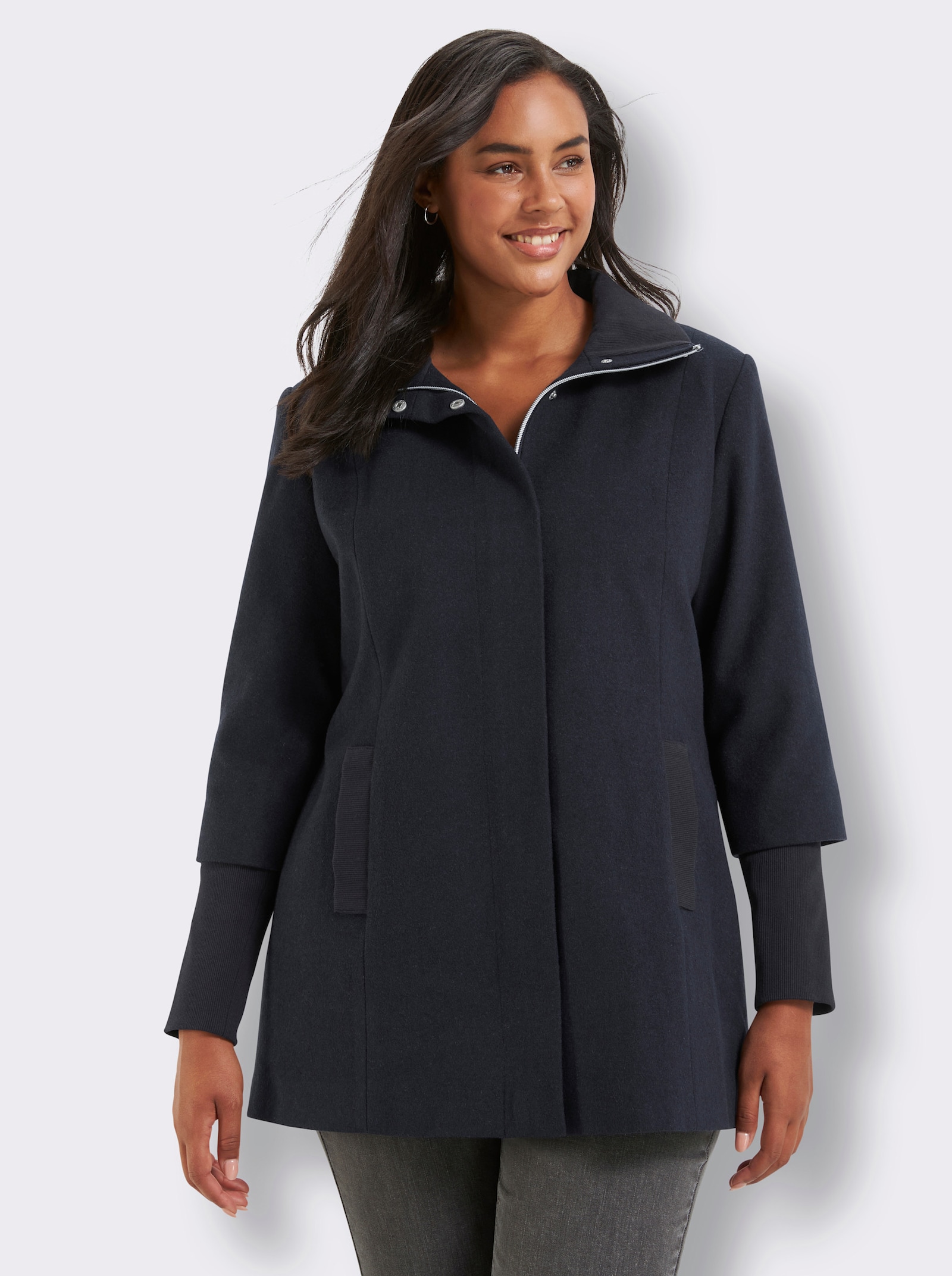 sheego Wolljacke mit Rippstrick-Ärmelbündchen - tiefblau