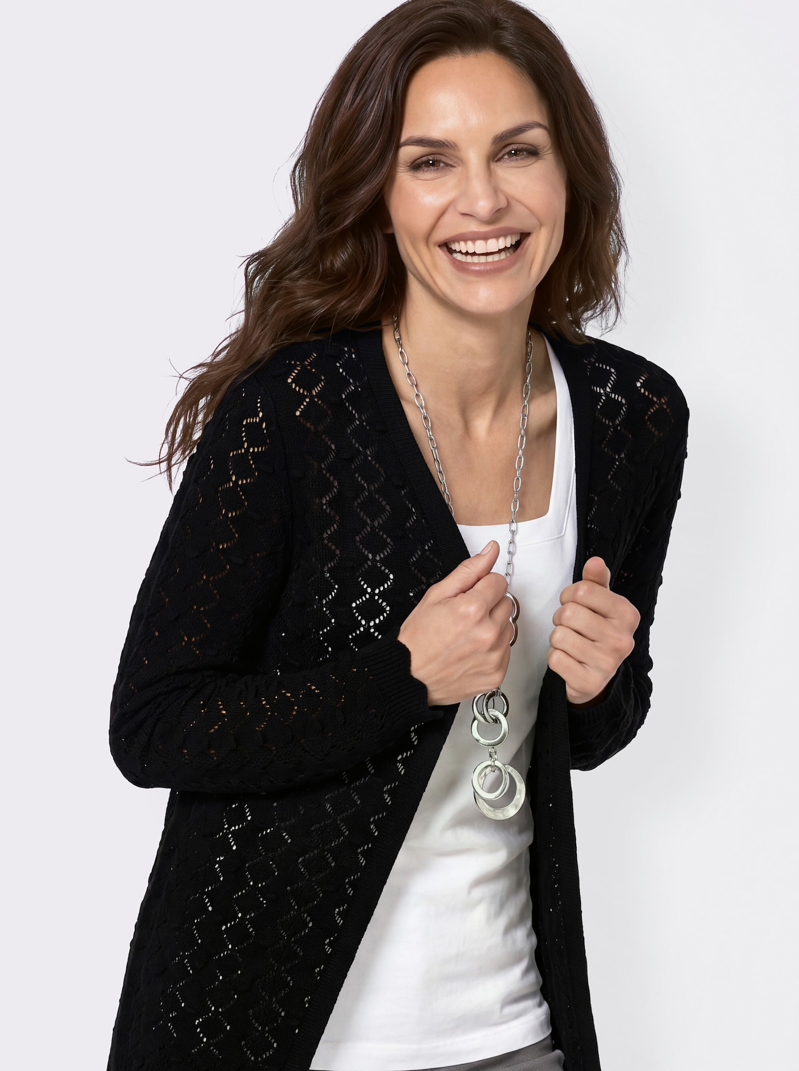 Longstrickjacke mit glattem Rückenteil - schwarz