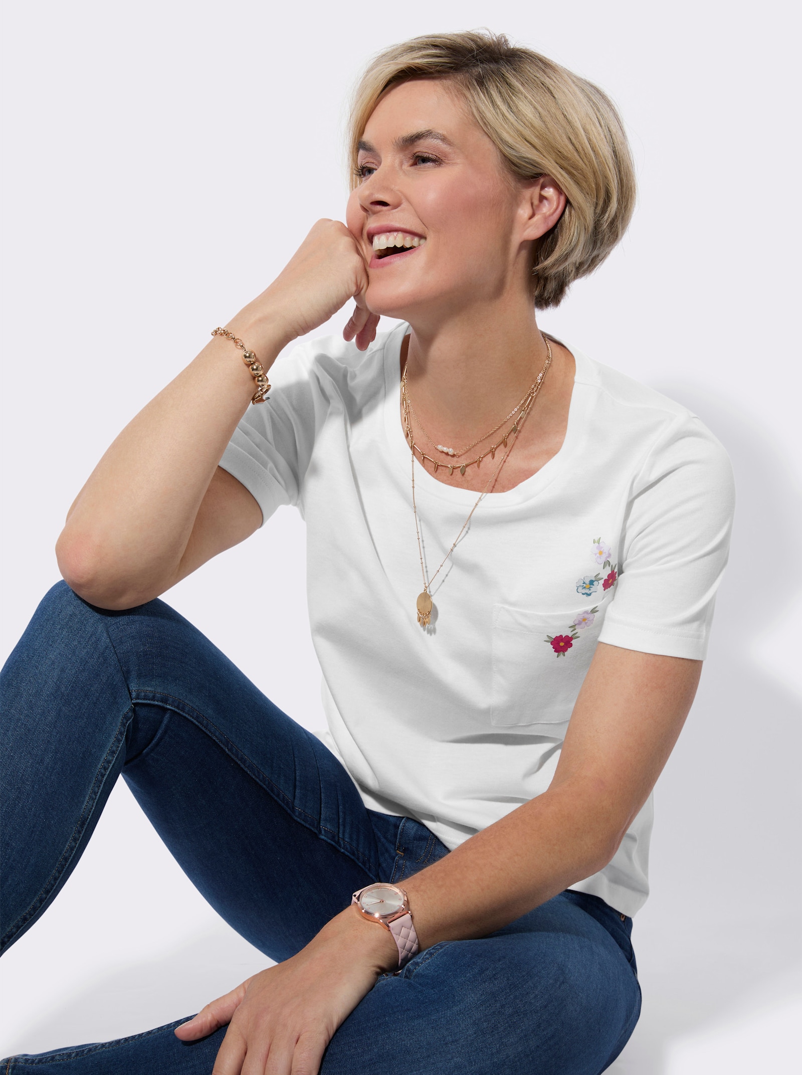 Shirt met ronde hals en bloemenprint - ecru