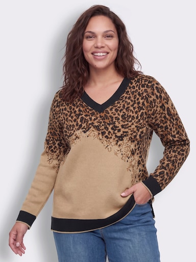 sheego Pullover met jacquard, versierd met glitterstrepen - choco/cognac gedessineerd