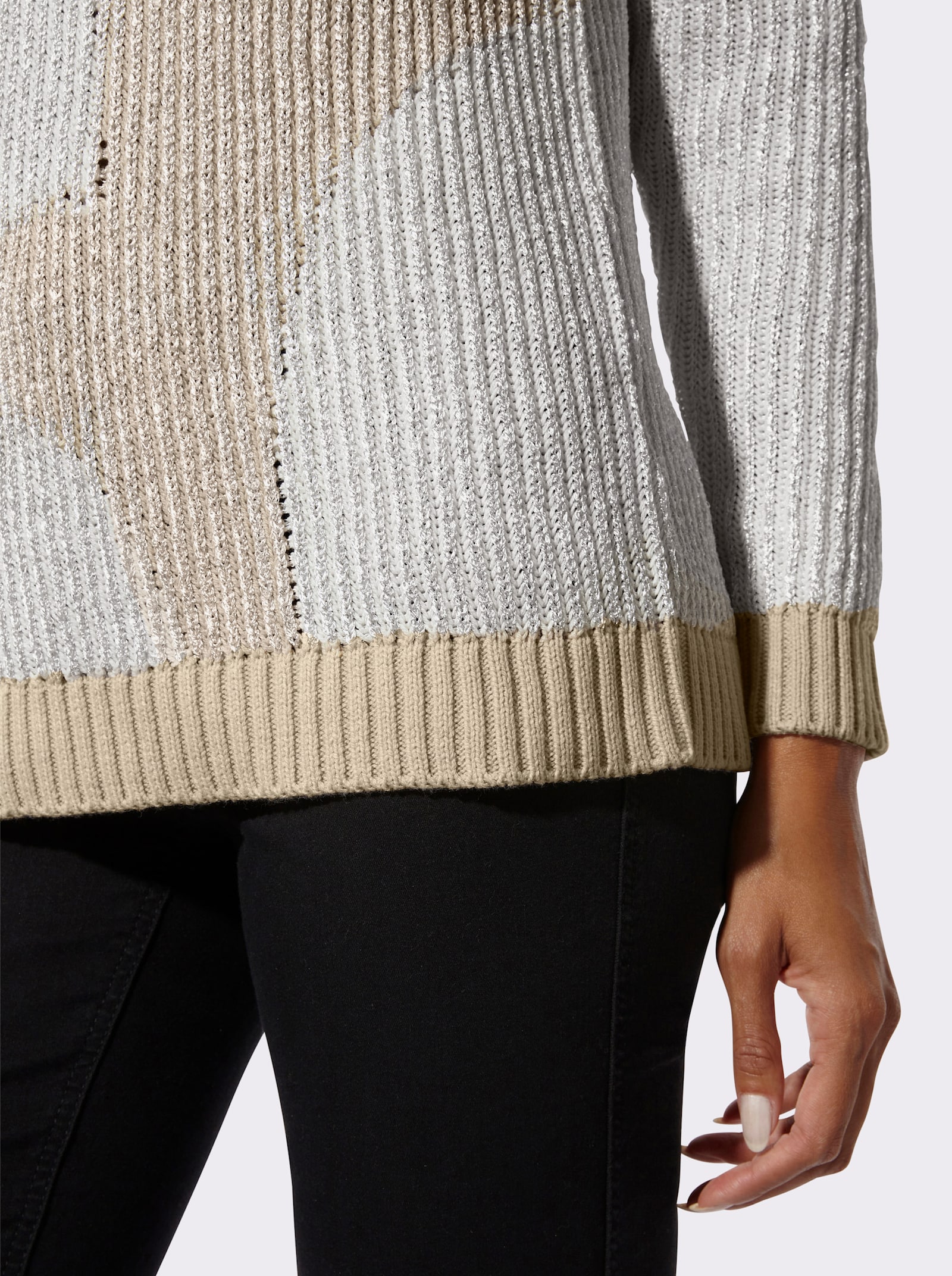 Strickpullover mit Glanzgarn - champagner-silberfarben-gemustert