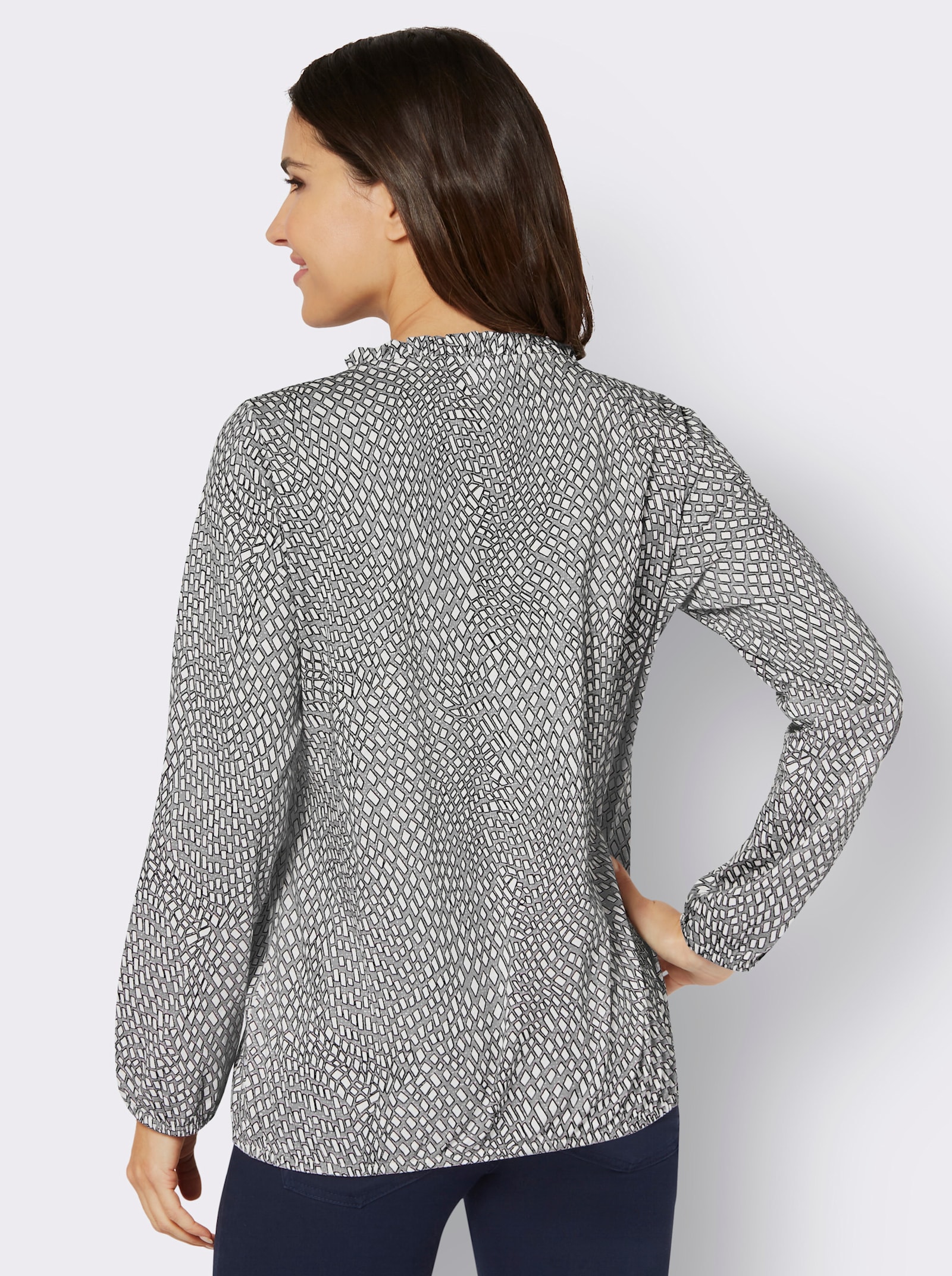 Langarmshirt mit Rüschenverzierung - steingrau-ecru-bedruckt