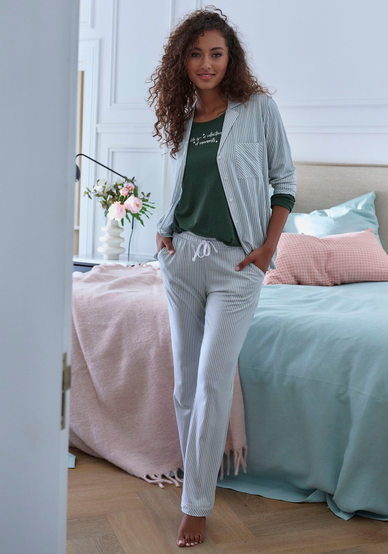 s.Oliver Bas de pyjama - vert foncé à rayures