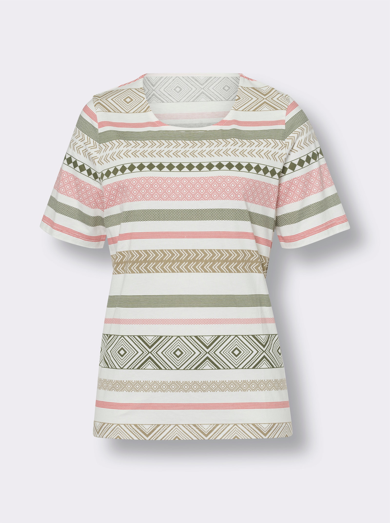 Shirt met korte mouwen en etno-streeppatroon - ecru/kaki geprint