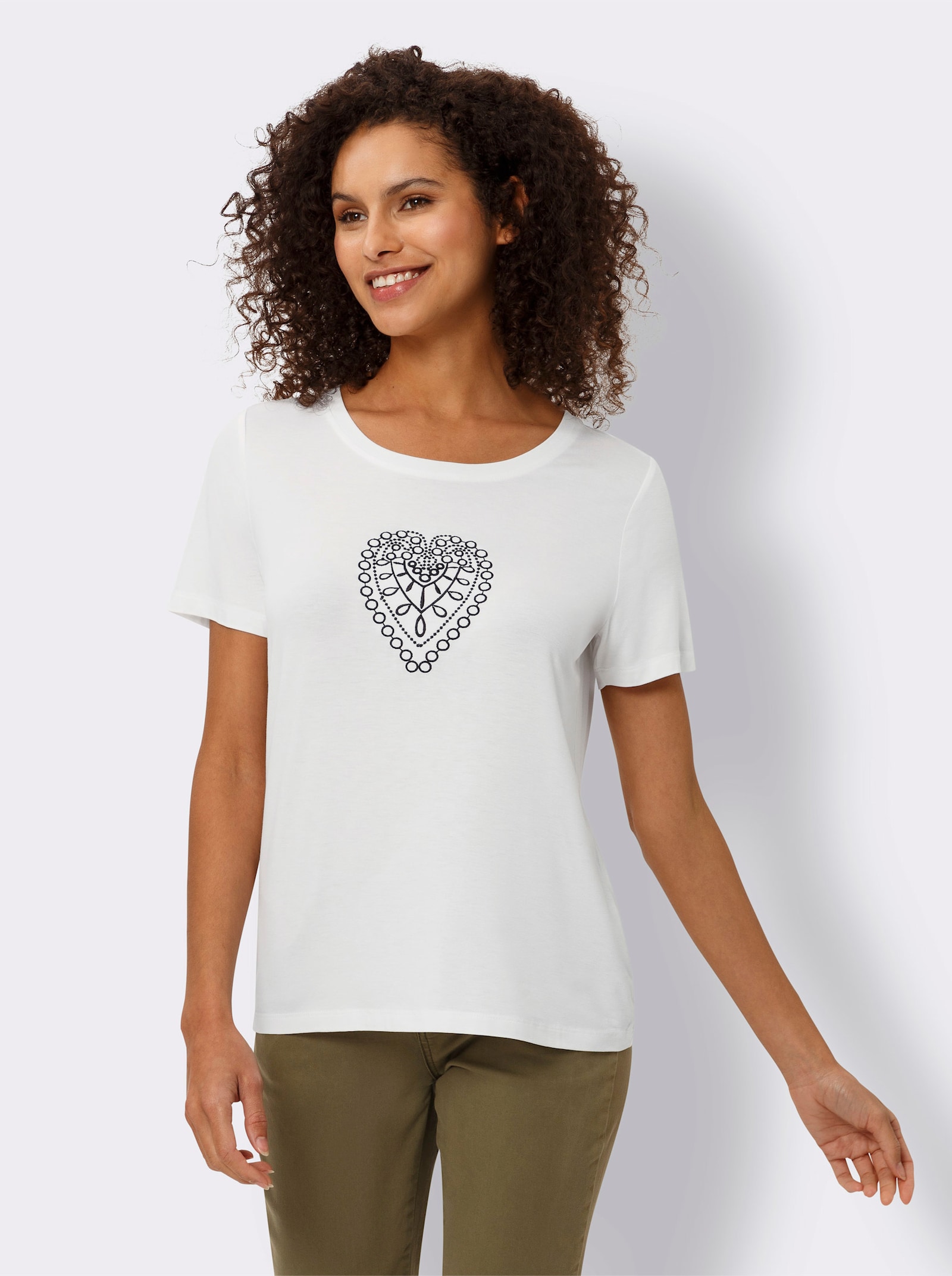 heine Shirt met ronde hals en borduurmotief - wit