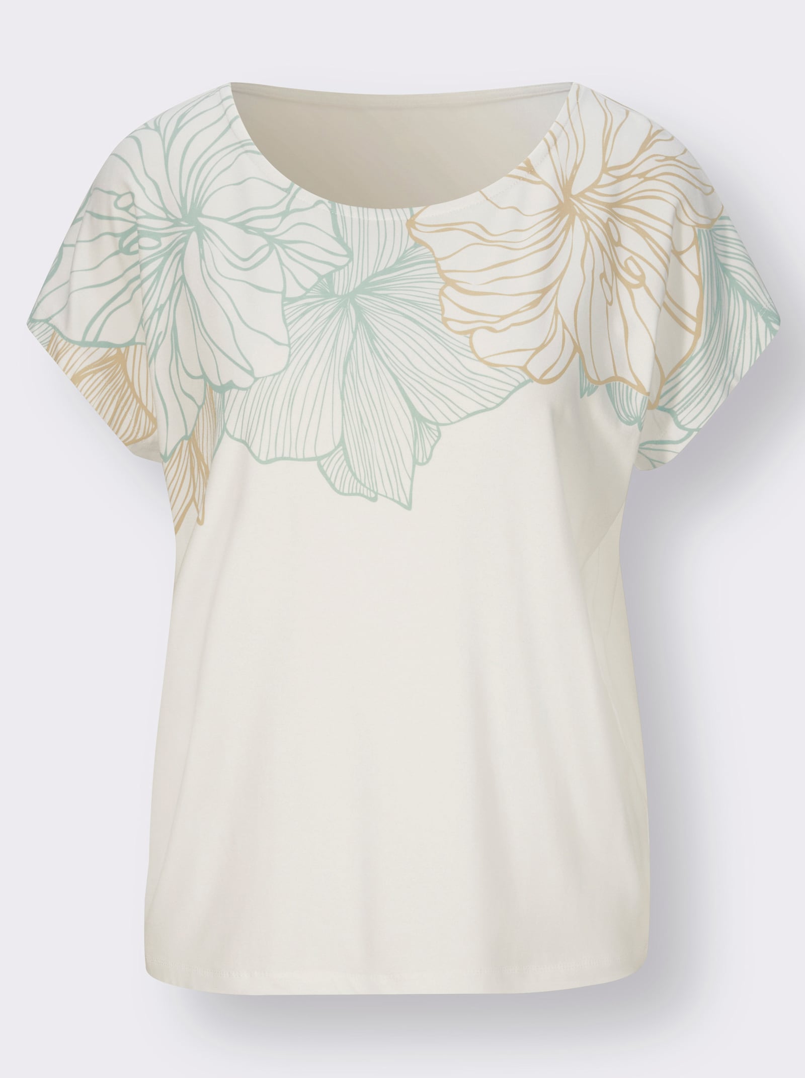 Rundhalsshirt mit überschnittenen Schultern - weiß-kalkmint-bedruckt