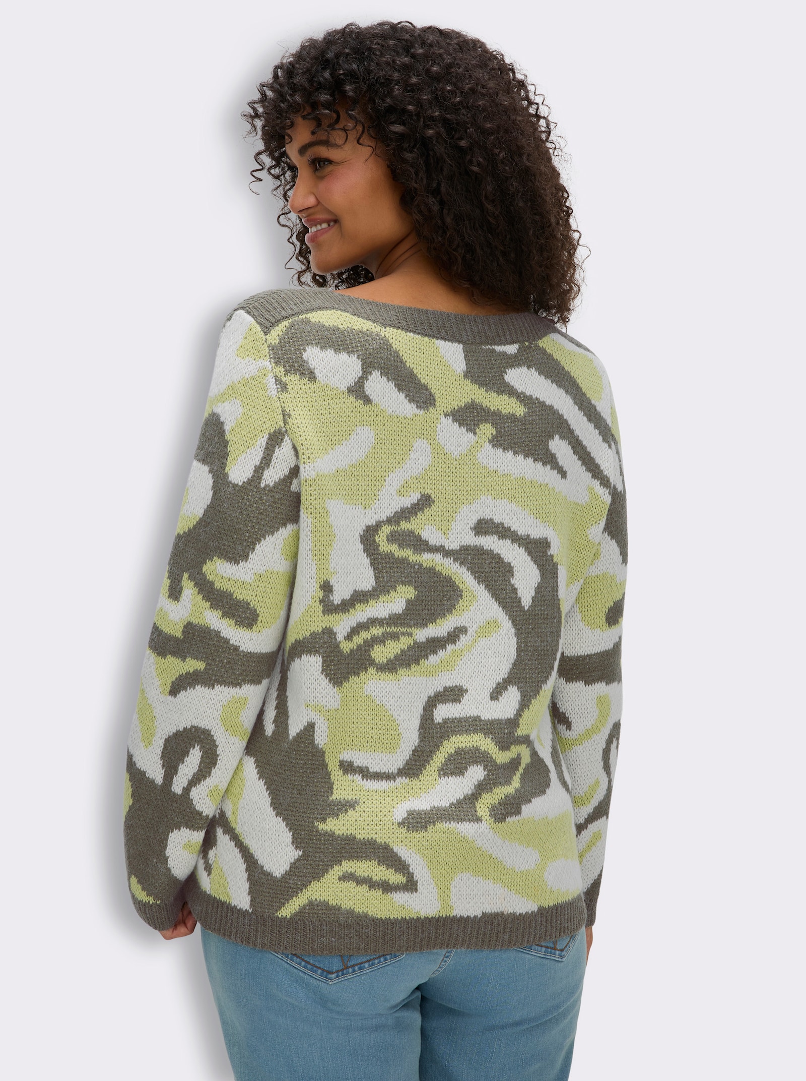 Jacquard-Pullover mit unifarbenen Abschlüssen - pistazie-khaki-gemustert