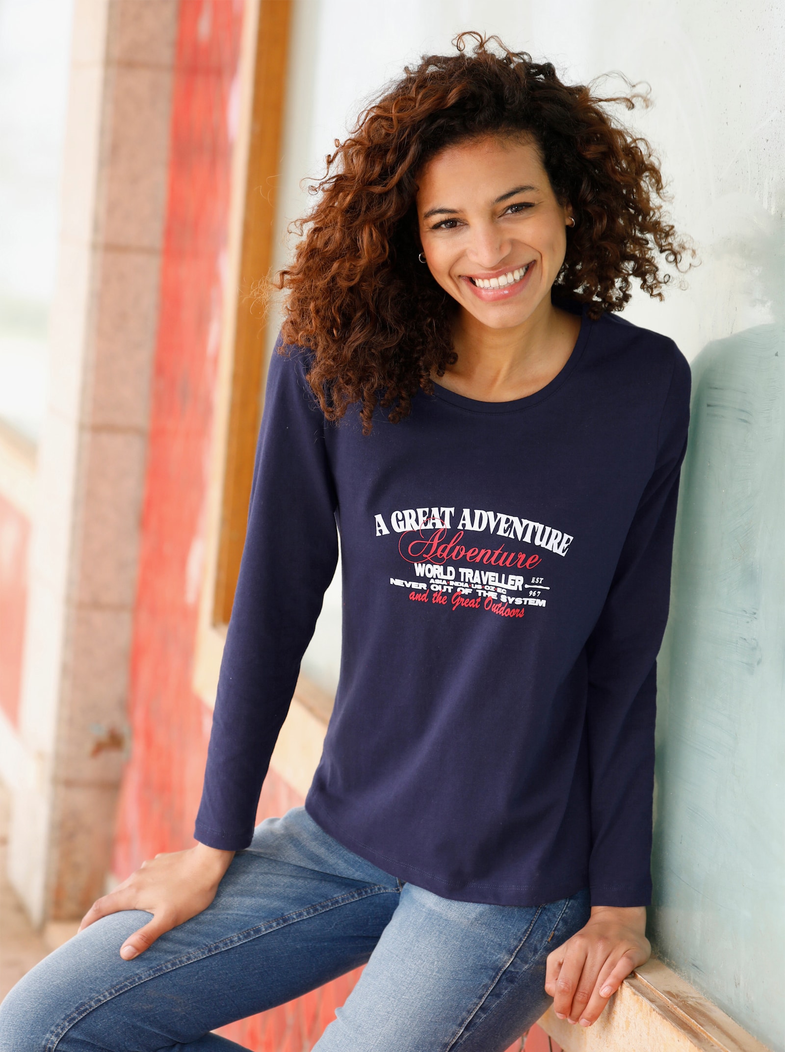  Langarmshirt mit Schriftzug - marine-ecru-bedruckt