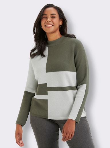 Jacquard-Pullover , Rückenteil einfarbig - khaki-ecru-gemustert