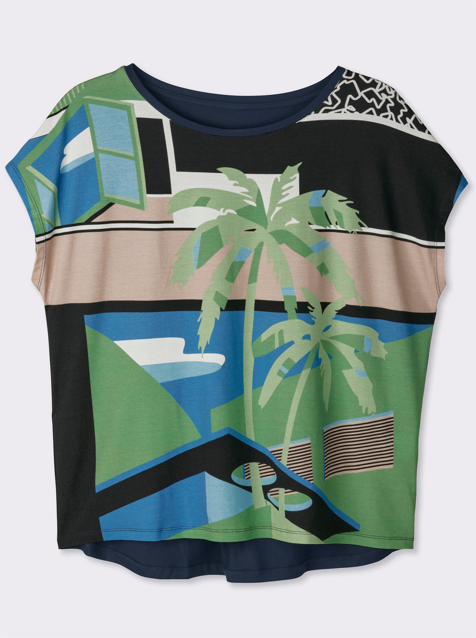 Kurzarmshirt hinten länger geschnitten - marine-apfel-bedruckt