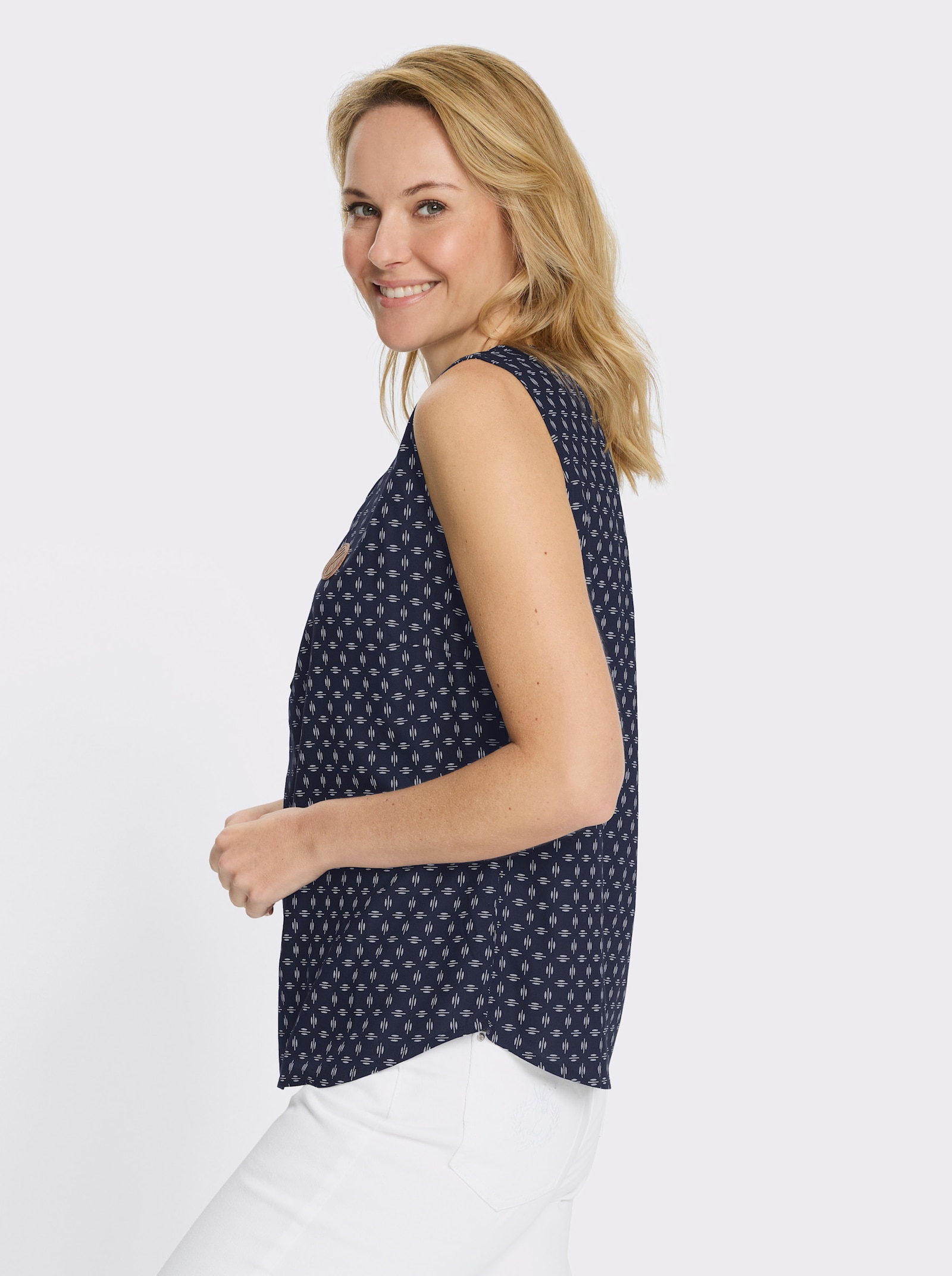 Halenkový top z měkce splývavé viskózy - námořnická modrá-bílá-potisk