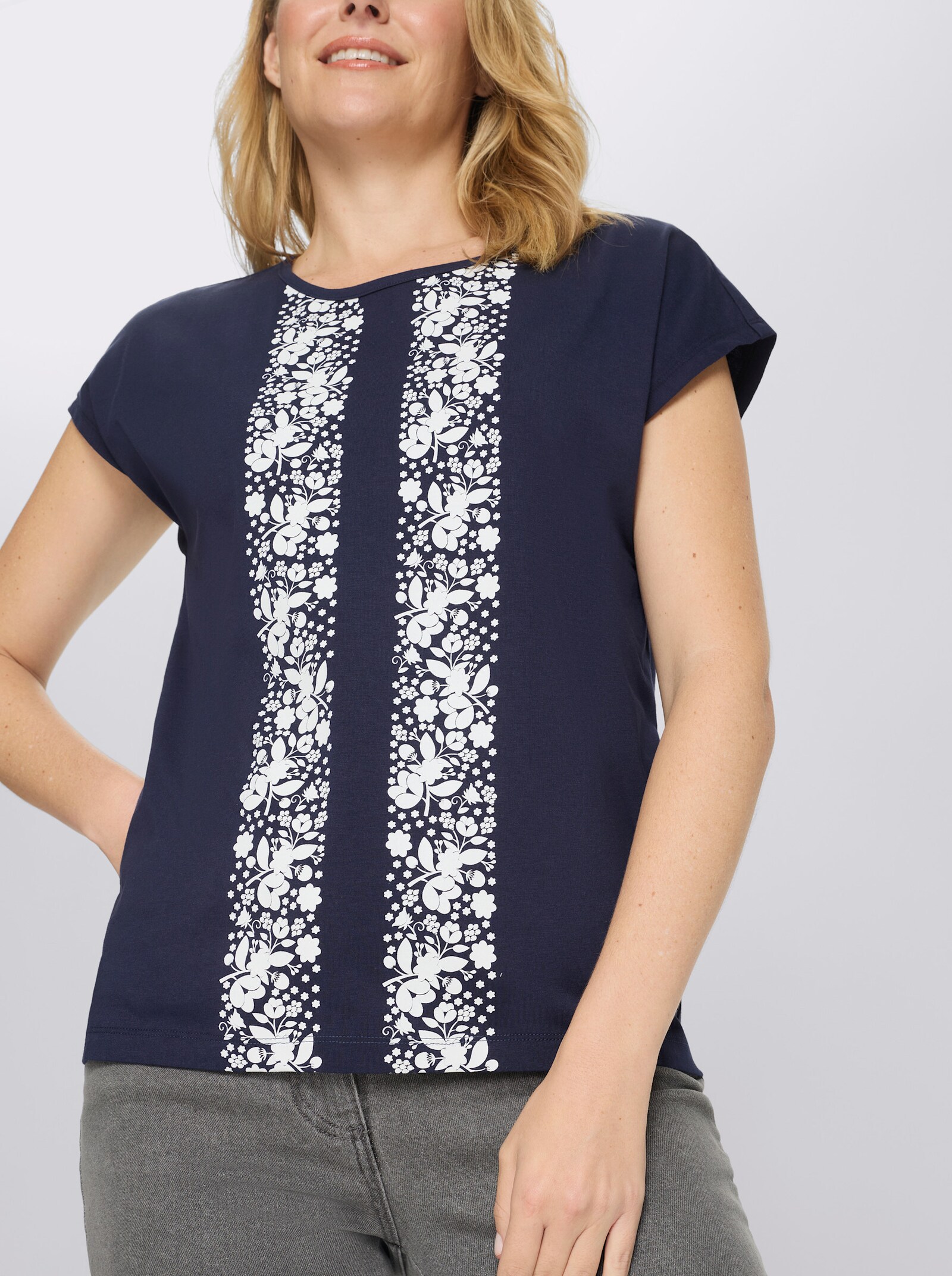 Kurzarmshirt mit Blumenmuster - marine-weiß