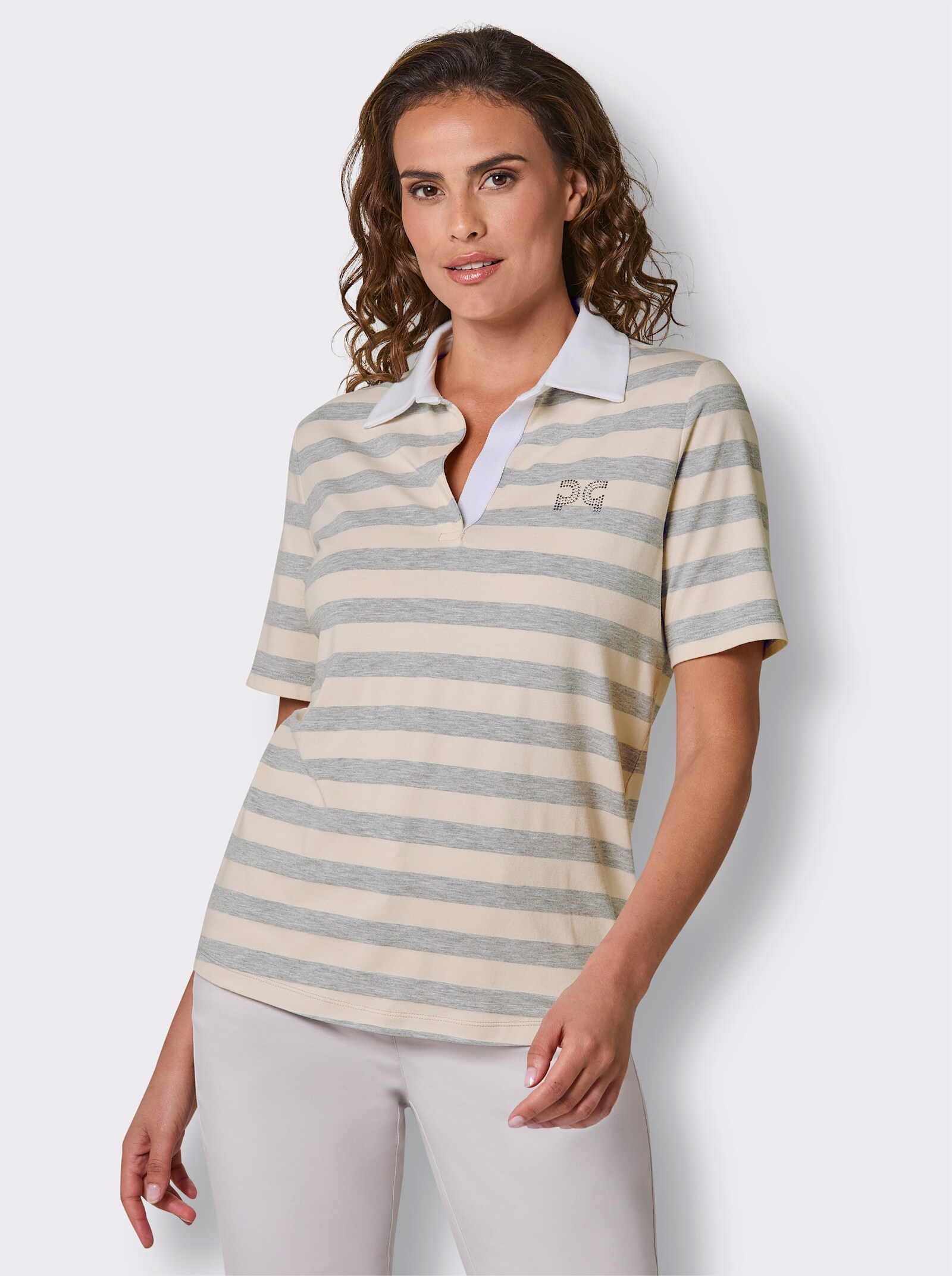 CREATION L PREMIUM Poloshirt mit Schmucksteinchen - hellgrau-champagner-geringelt