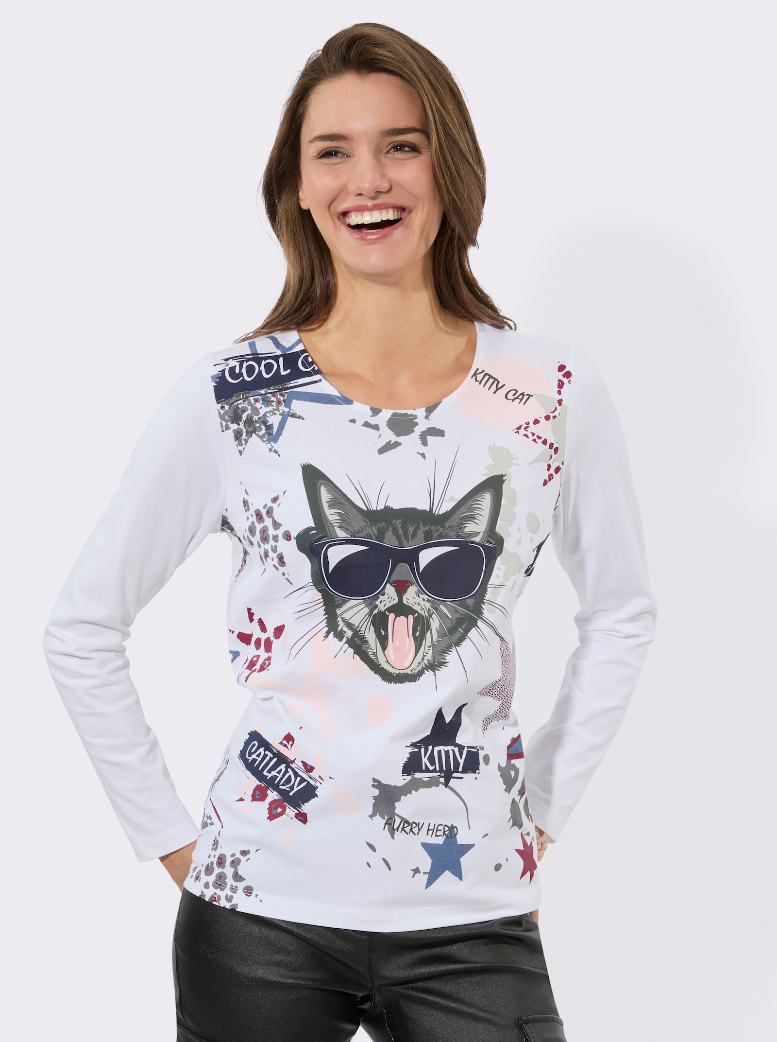 Langarmshirt mit Katzen-Motiv - marine-weiß-bedruckt