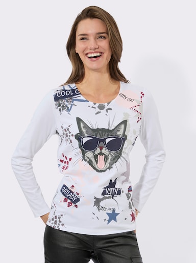 Langarmshirt mit Katzen-Motiv - marine-weiß-bedruckt