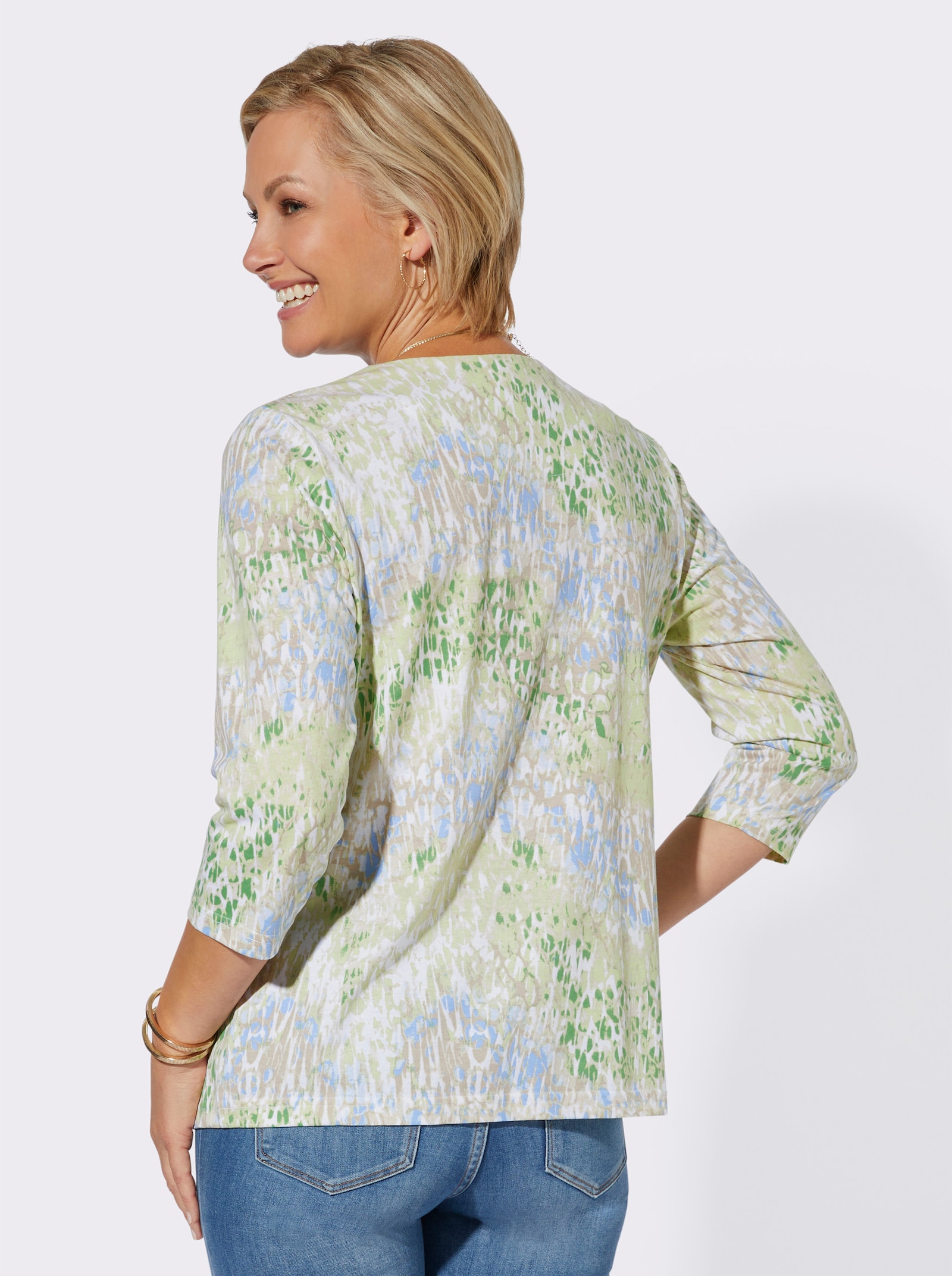 Shirt met 3/4-mouwen en plooien bij de hals - lichtblauw/ecru bedrukt