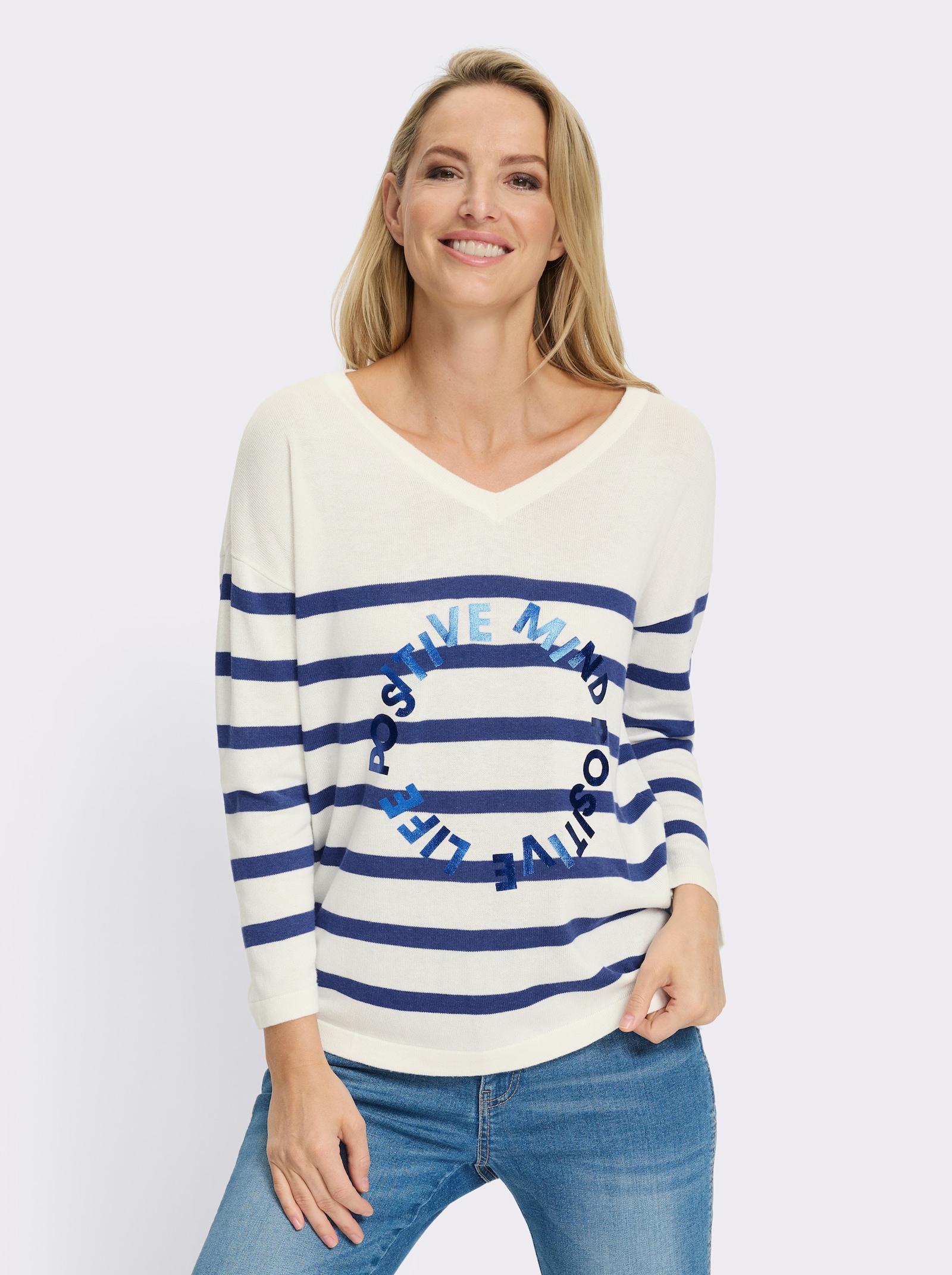 heine Pullover van fijntricot met streepjesdessin - koningsblauw/ecru gedessineerd