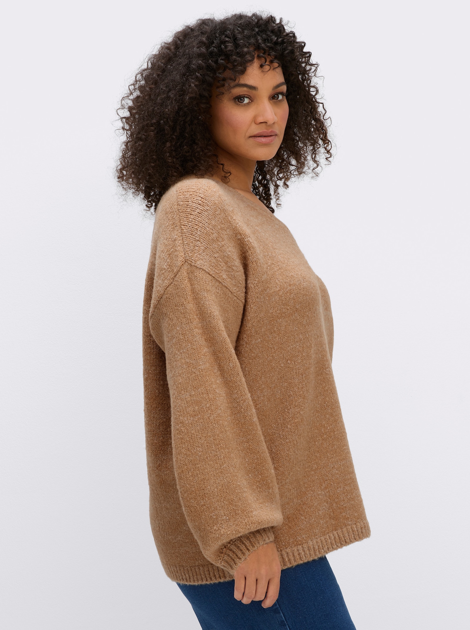 sheego V-Ausschnitt-Pullover mit Ballonärmeln - camel-meliert