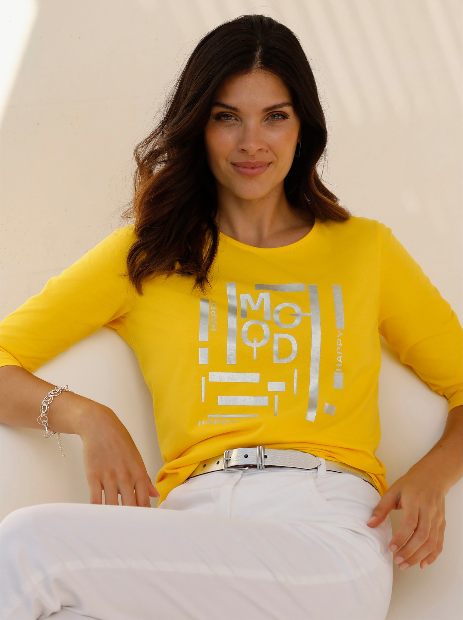 Shirt met 3/4-mouwen en zilverkleurige folieprint - zonnegeel